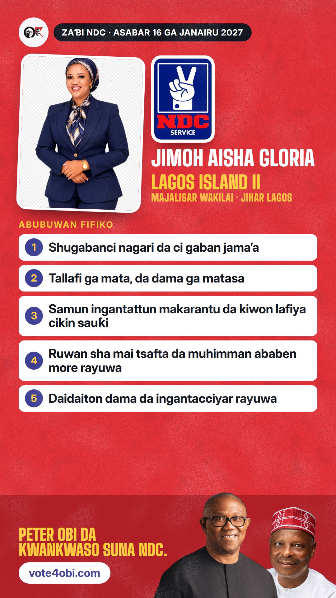 Hoton WhatsApp status: Jimoh Aisha Gloria, ɗan takarar NDC na Majalisar Wakilai, Lagos Island II