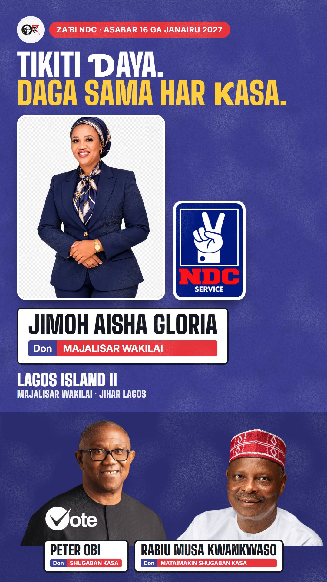 Hoton WhatsApp status: Jimoh Aisha Gloria, ɗan takarar NDC na Majalisar Wakilai, Lagos Island II
