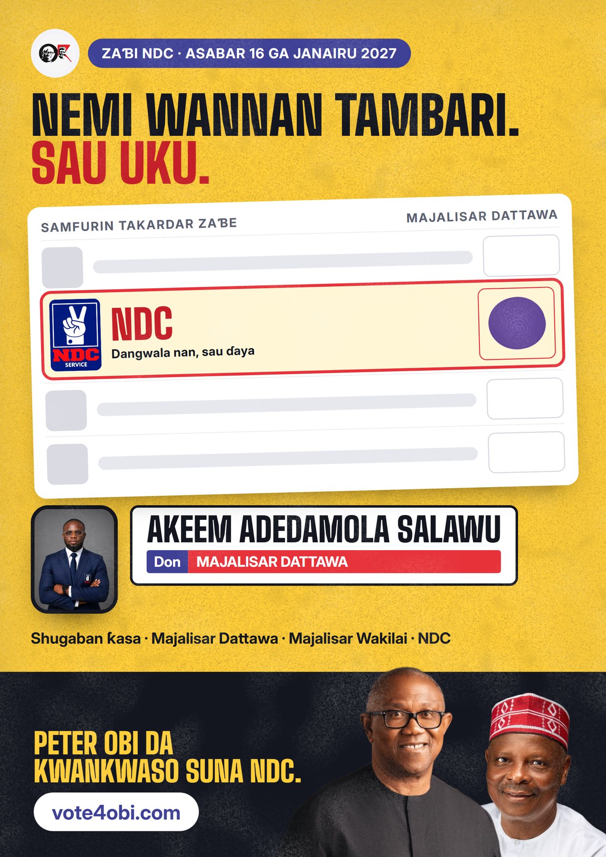 Fasta: Akeem Adedamola Salawu, ɗan takarar NDC na Majalisar Dattawa, Oyo Central