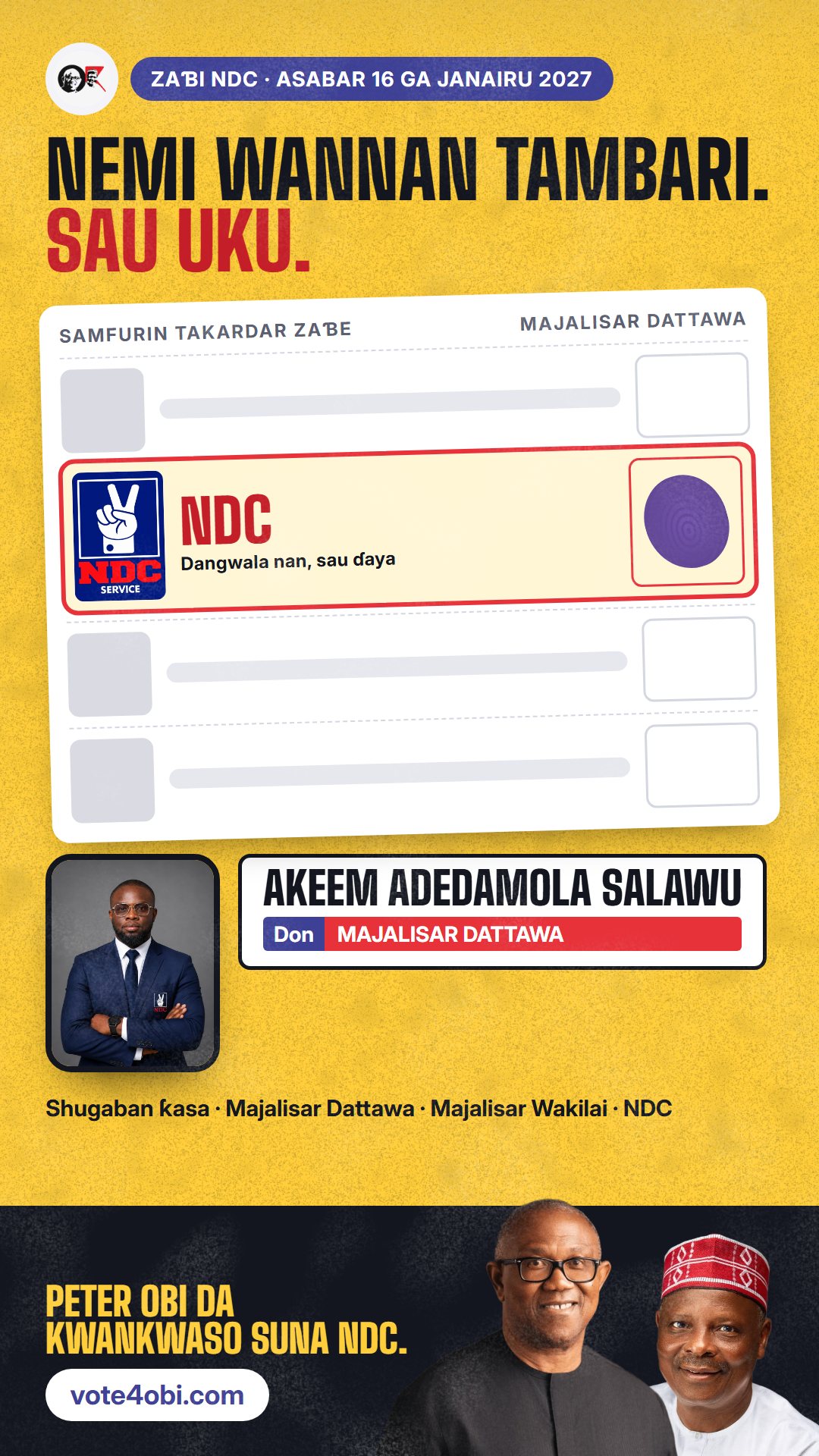Hoton WhatsApp status: Akeem Adedamola Salawu, ɗan takarar NDC na Majalisar Dattawa, Oyo Central