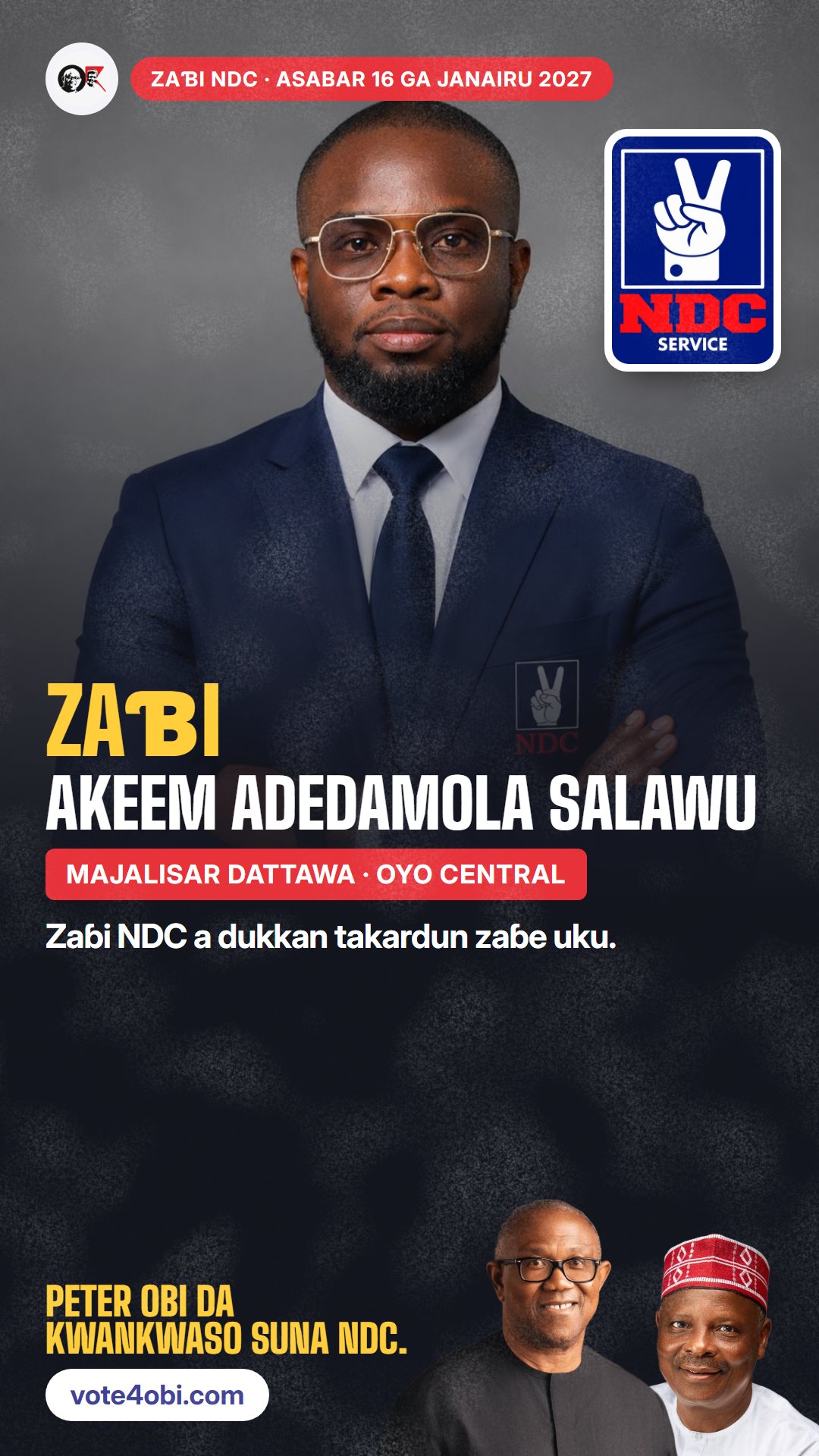 Hoton WhatsApp status: Akeem Adedamola Salawu, ɗan takarar NDC na Majalisar Dattawa, Oyo Central