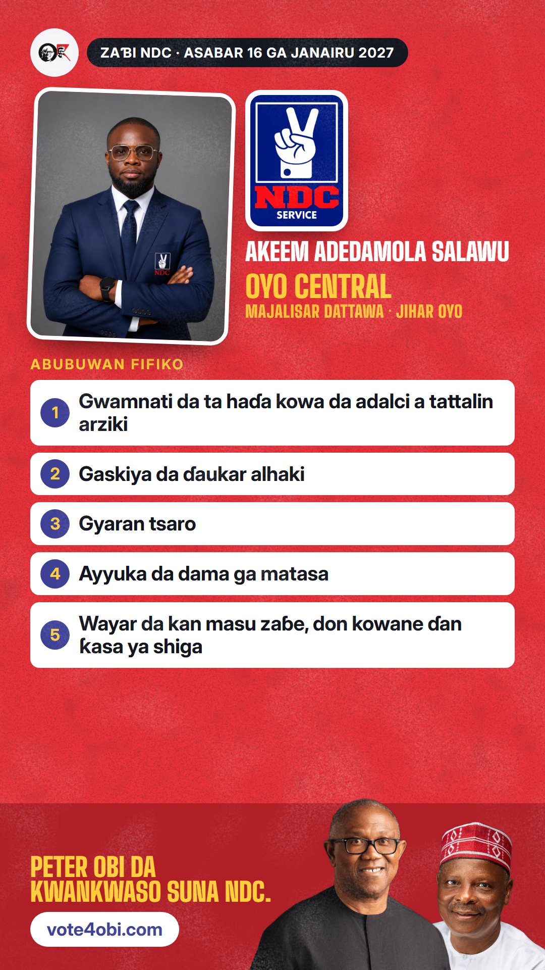 Hoton WhatsApp status: Akeem Adedamola Salawu, ɗan takarar NDC na Majalisar Dattawa, Oyo Central