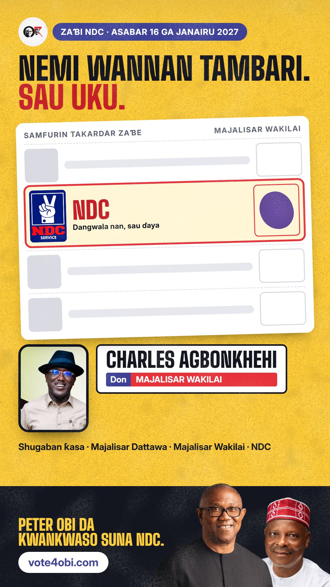Hoton WhatsApp status: Charles Agbonkhehi, ɗan takarar NDC na Majalisar Wakilai, Esan Central/Esan West/Igueben