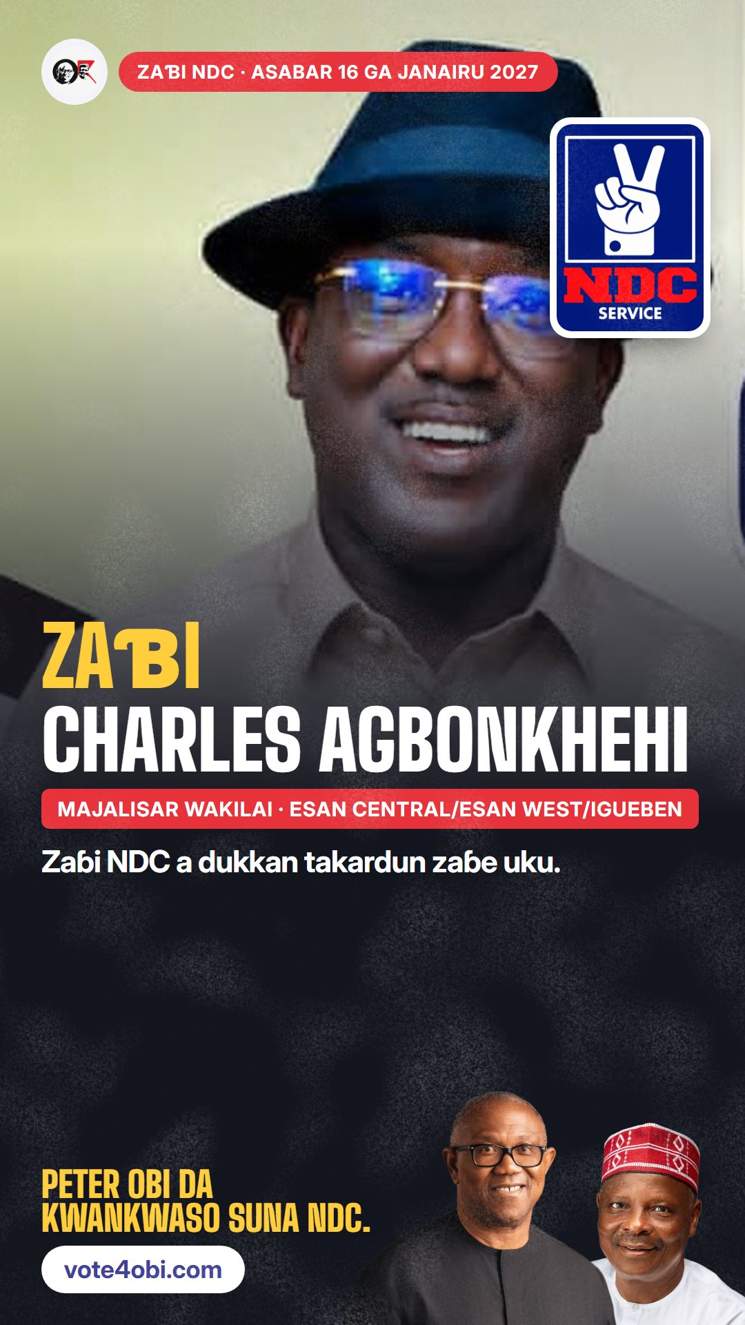 Hoton WhatsApp status: Charles Agbonkhehi, ɗan takarar NDC na Majalisar Wakilai, Esan Central/Esan West/Igueben