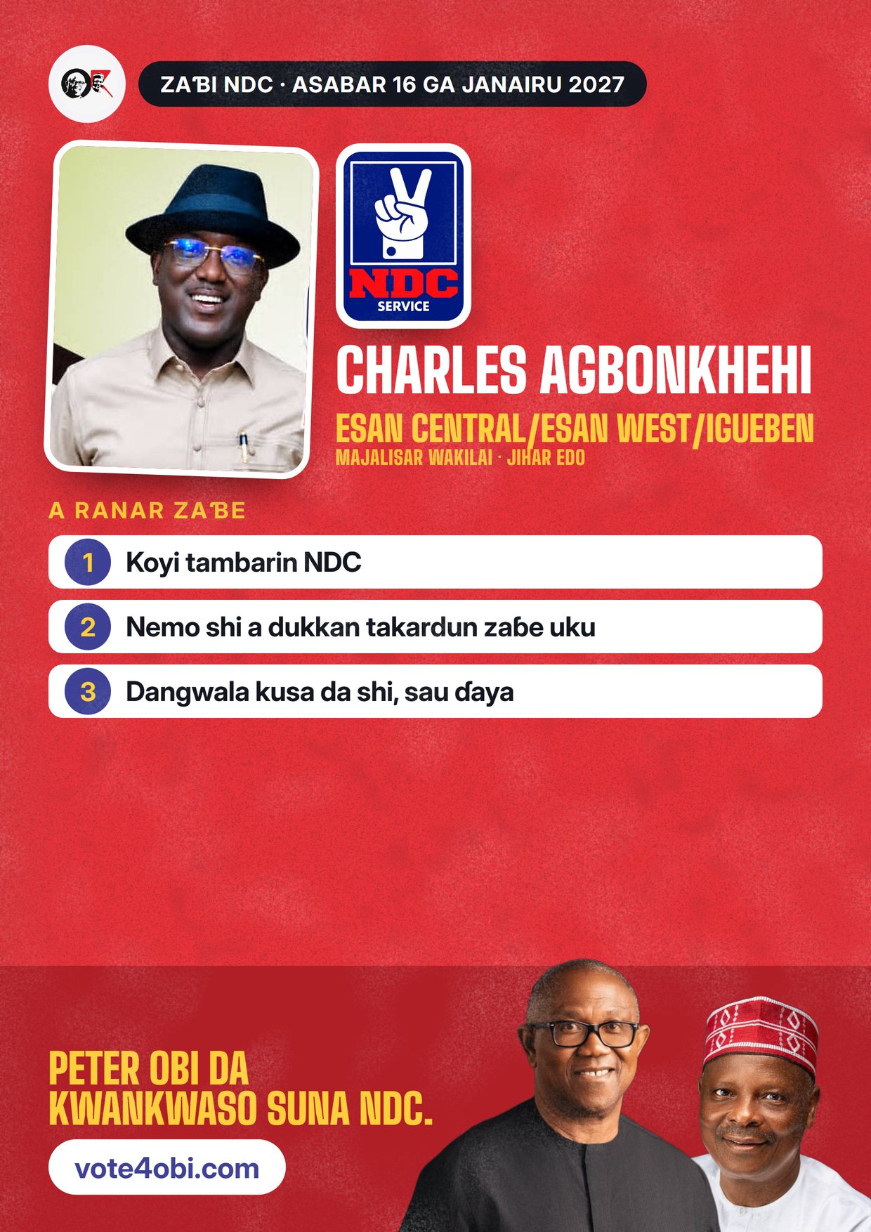 Fasta: Charles Agbonkhehi, ɗan takarar NDC na Majalisar Wakilai, Esan Central/Esan West/Igueben