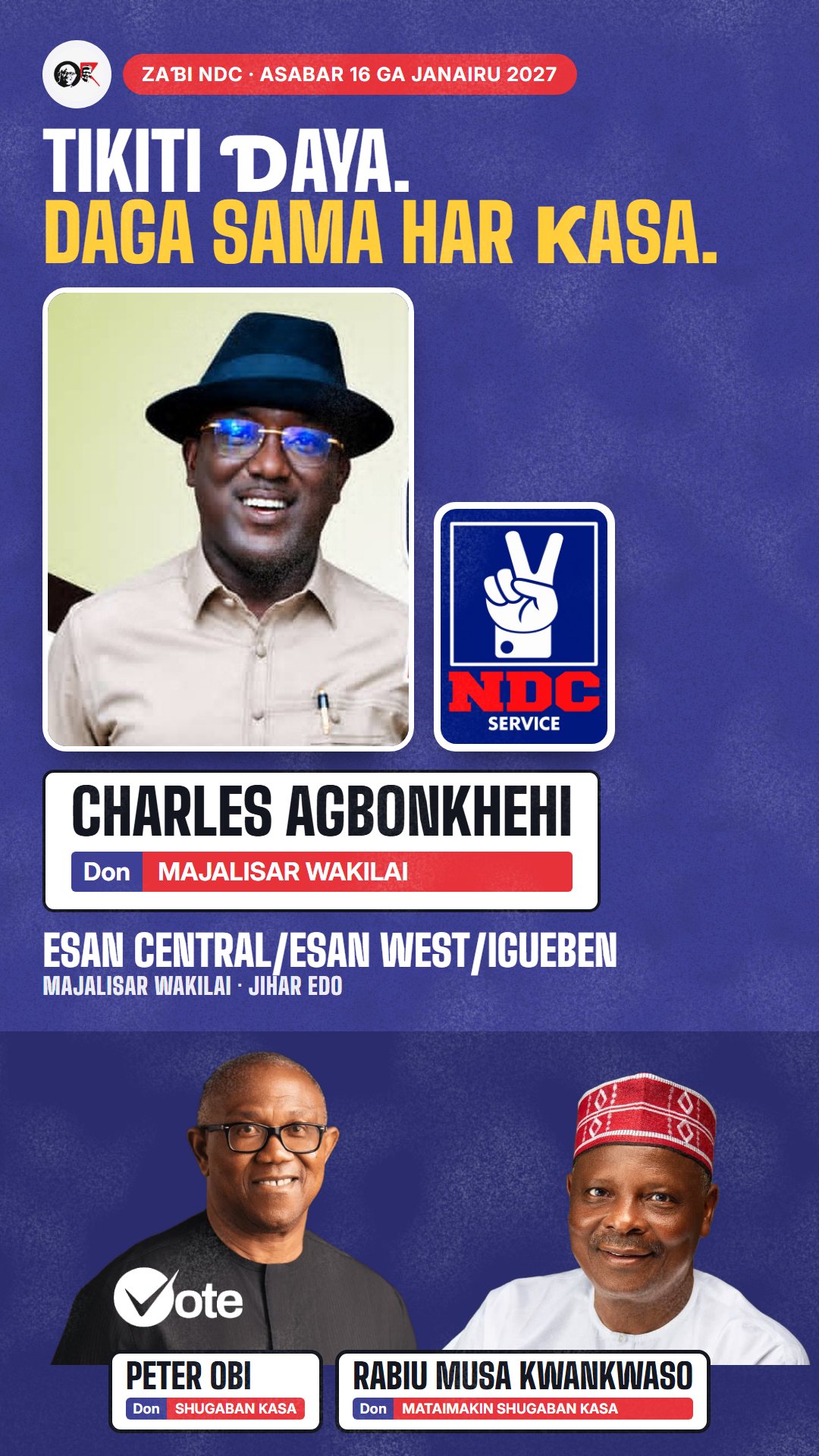 Hoton WhatsApp status: Charles Agbonkhehi, ɗan takarar NDC na Majalisar Wakilai, Esan Central/Esan West/Igueben