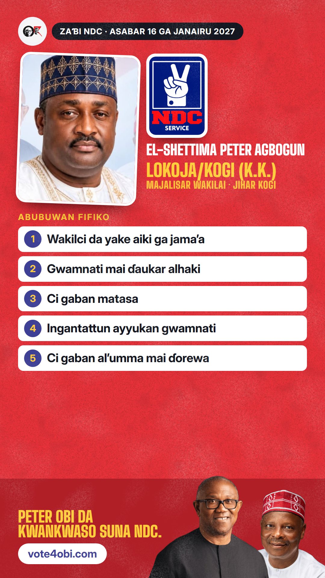 Hoton WhatsApp status: El-Shettima Peter Agbogun, ɗan takarar NDC na Majalisar Wakilai, Lokoja/Kogi (K.K.)