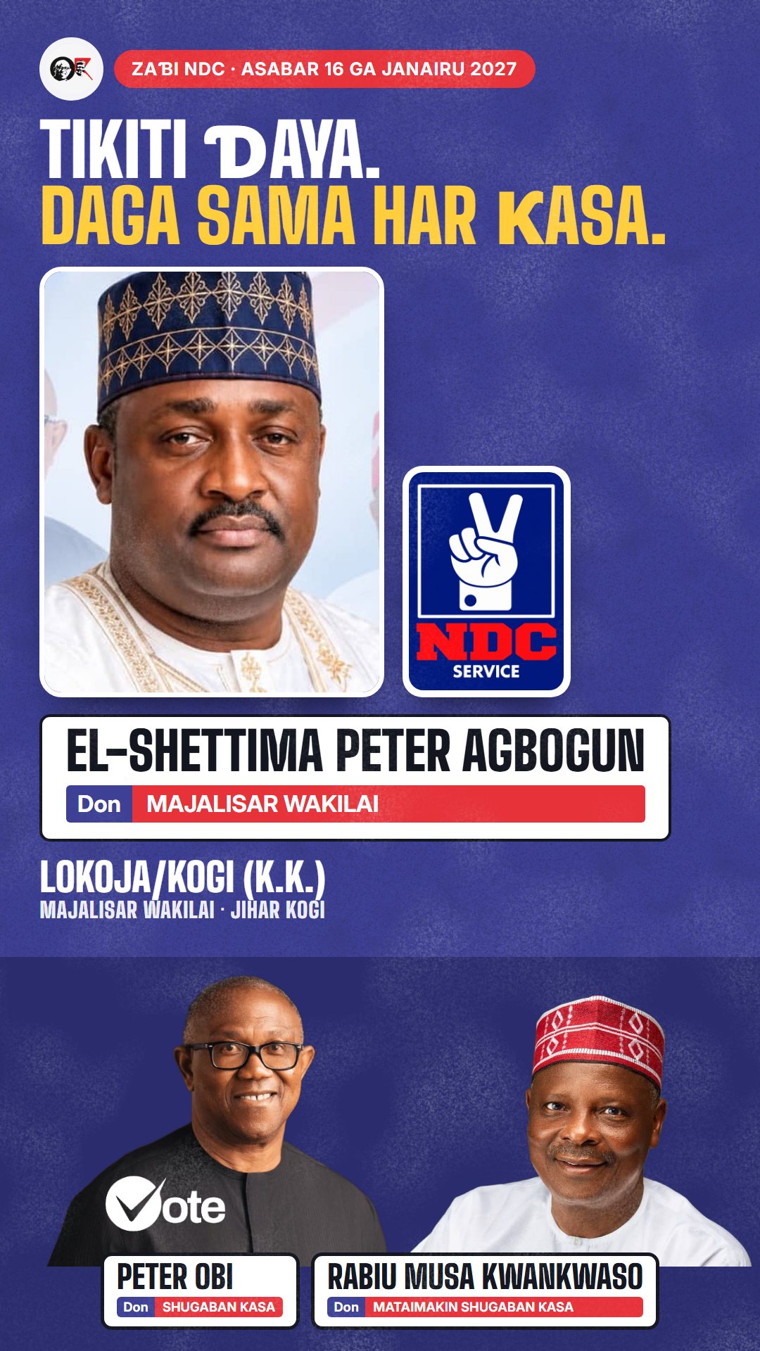 Hoton WhatsApp status: El-Shettima Peter Agbogun, ɗan takarar NDC na Majalisar Wakilai, Lokoja/Kogi (K.K.)