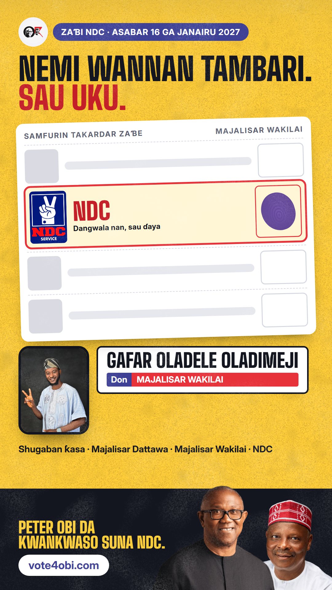 Hoton WhatsApp status: Gafar Oladele Oladimeji, ɗan takarar NDC na Majalisar Wakilai, Irepo/Olorunsogo/Oorelope
