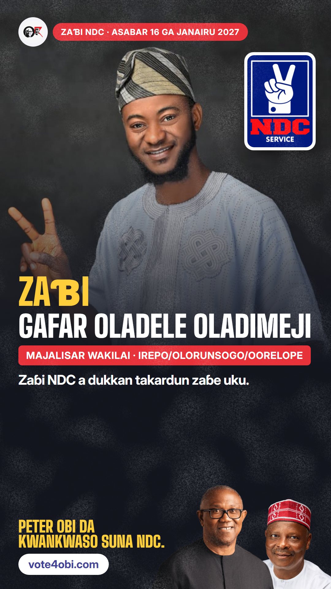 Hoton WhatsApp status: Gafar Oladele Oladimeji, ɗan takarar NDC na Majalisar Wakilai, Irepo/Olorunsogo/Oorelope