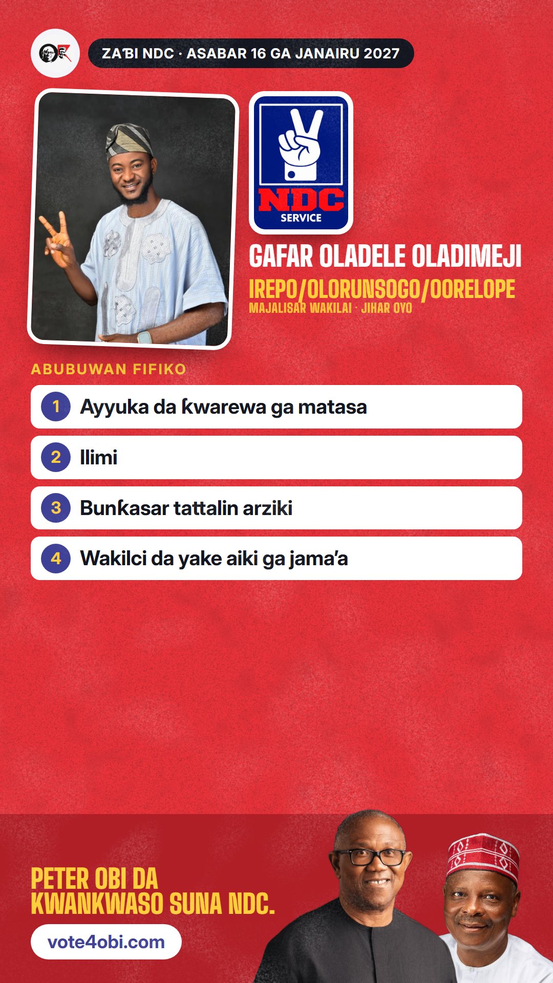 Hoton WhatsApp status: Gafar Oladele Oladimeji, ɗan takarar NDC na Majalisar Wakilai, Irepo/Olorunsogo/Oorelope