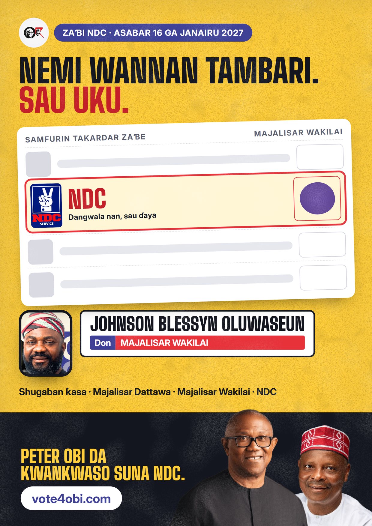Fasta: Johnson Blessyn Oluwaseun, ɗan takarar NDC na Majalisar Wakilai, Ikorodu