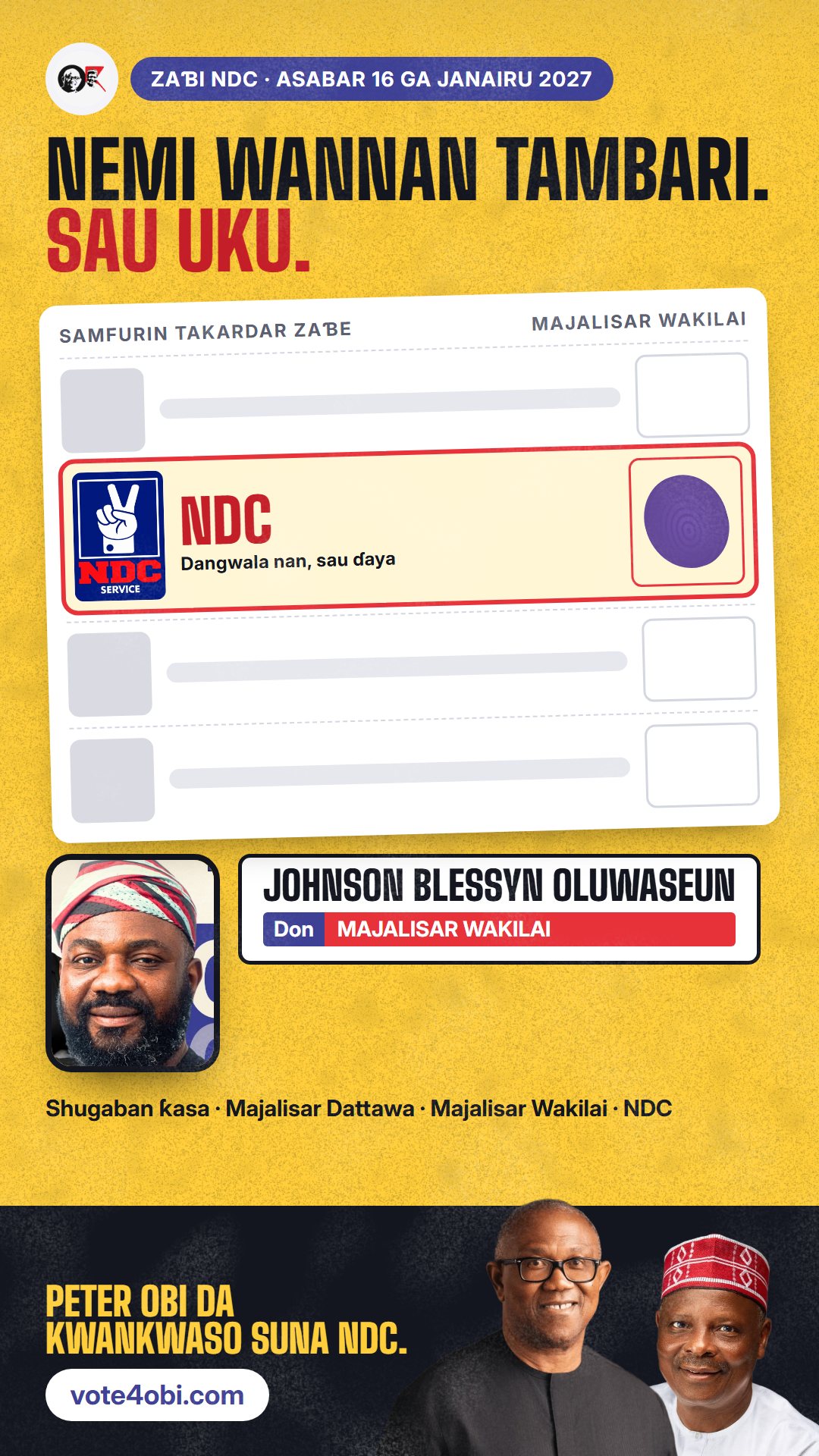 Hoton WhatsApp status: Johnson Blessyn Oluwaseun, ɗan takarar NDC na Majalisar Wakilai, Ikorodu