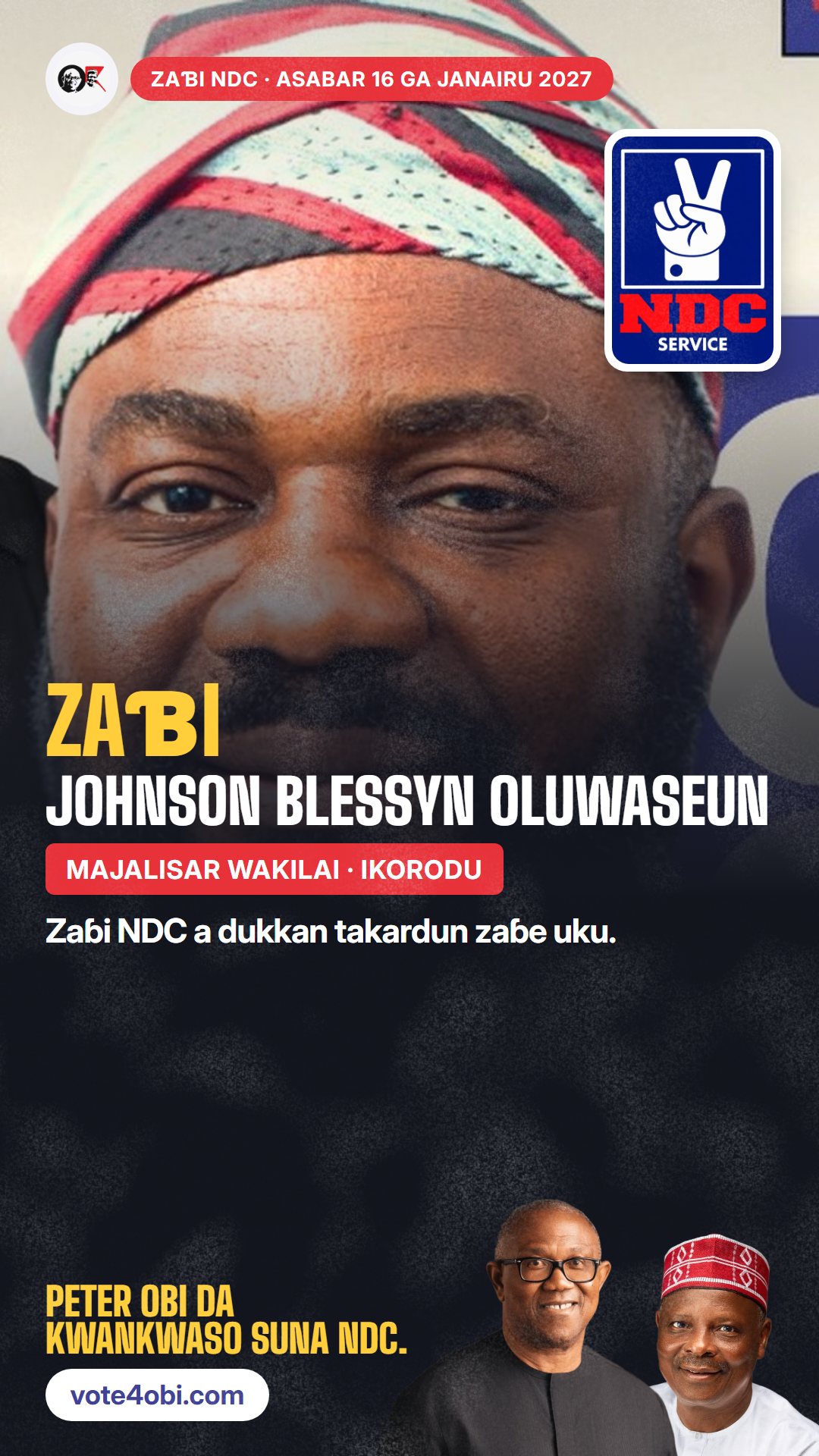 Hoton WhatsApp status: Johnson Blessyn Oluwaseun, ɗan takarar NDC na Majalisar Wakilai, Ikorodu