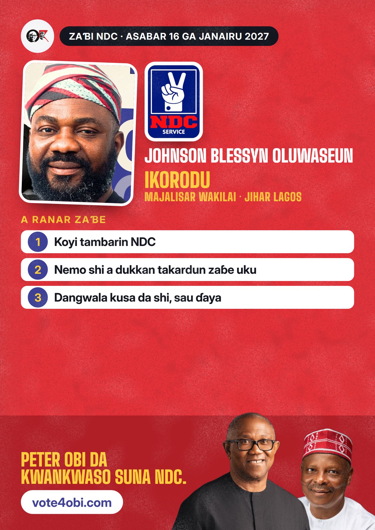Fasta: Johnson Blessyn Oluwaseun, ɗan takarar NDC na Majalisar Wakilai, Ikorodu