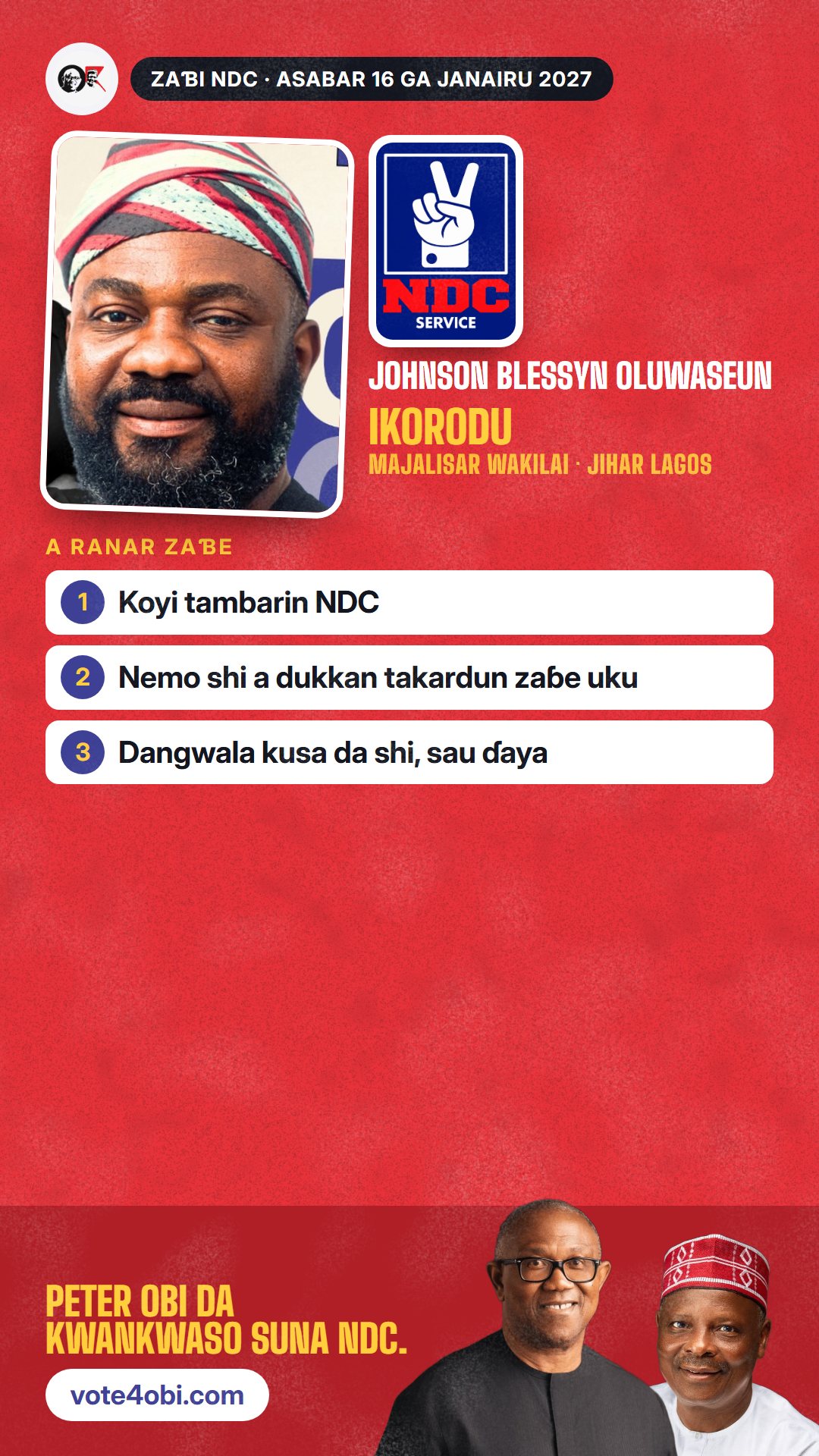 Hoton WhatsApp status: Johnson Blessyn Oluwaseun, ɗan takarar NDC na Majalisar Wakilai, Ikorodu