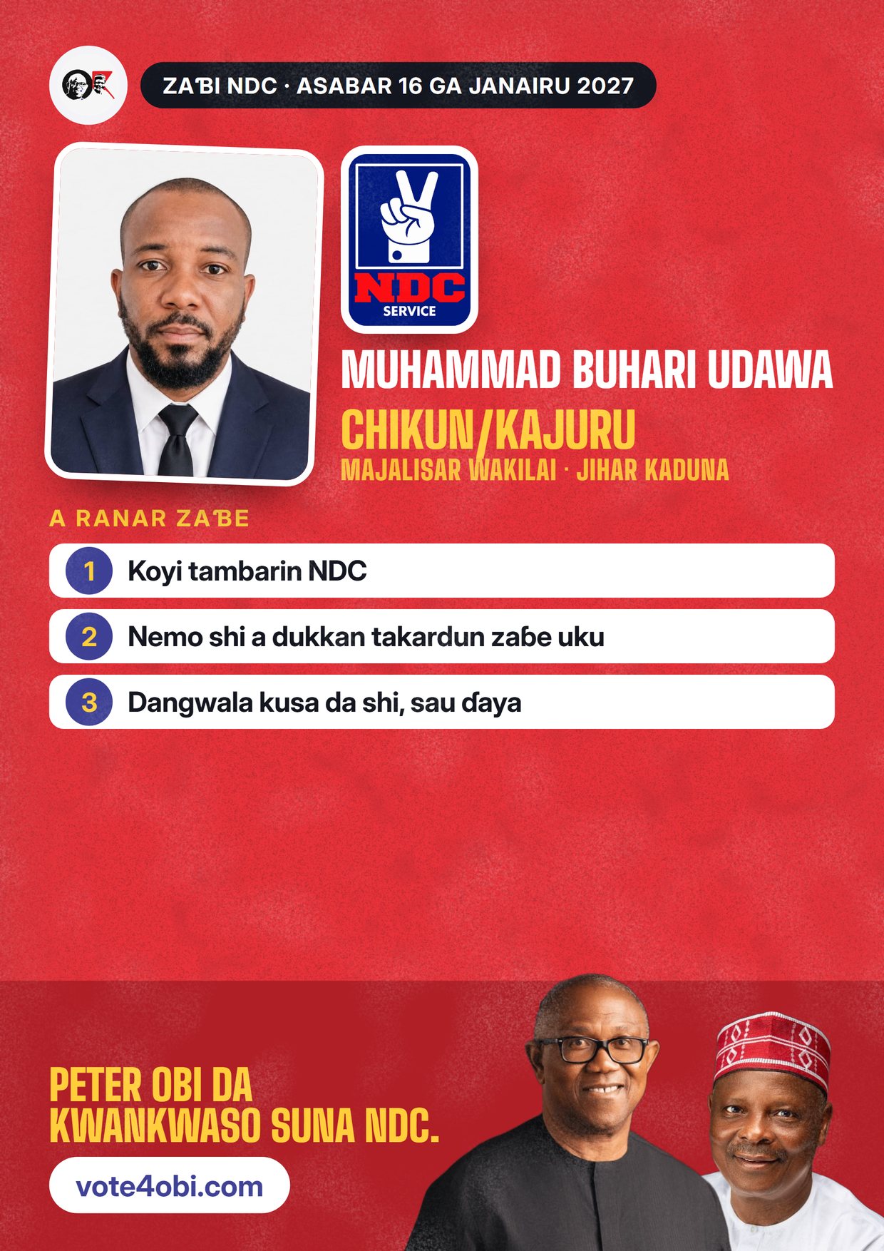 Fasta: Muhammad Buhari Udawa, ɗan takarar NDC na Majalisar Wakilai, Chikun/Kajuru