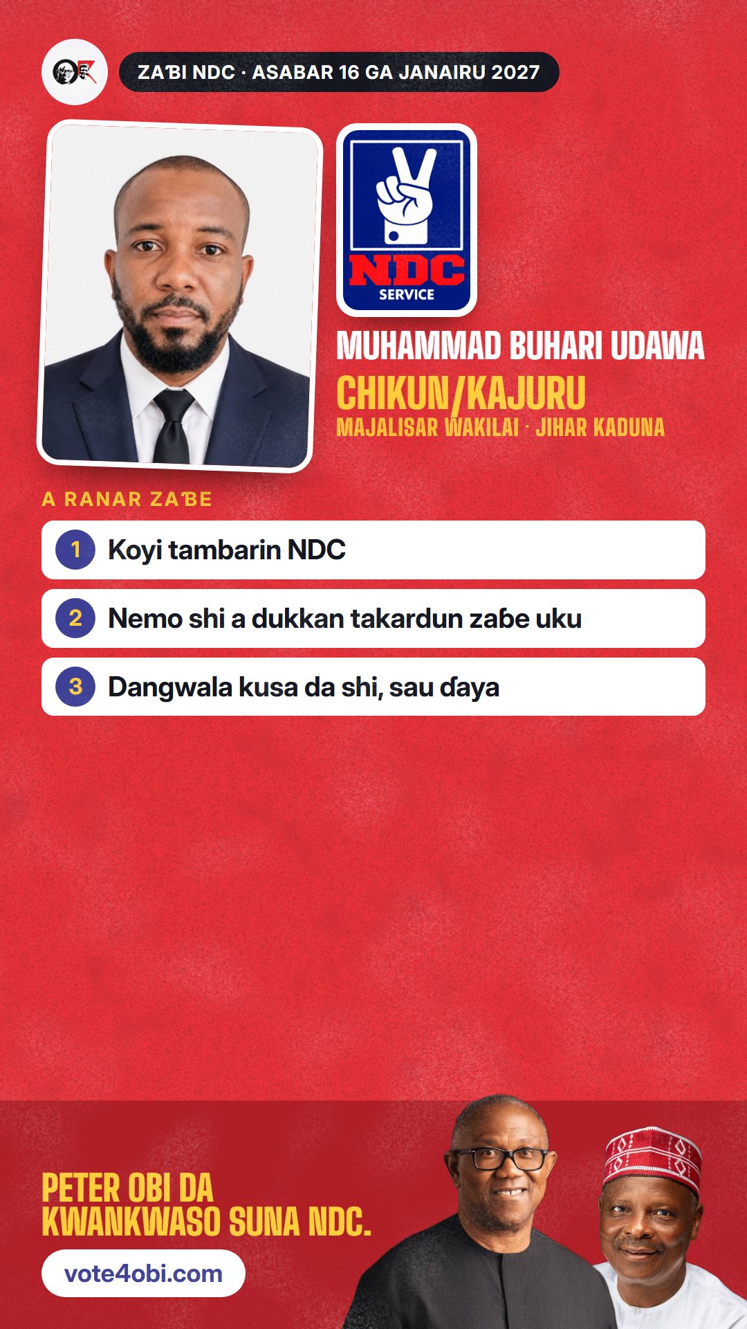 Hoton WhatsApp status: Muhammad Buhari Udawa, ɗan takarar NDC na Majalisar Wakilai, Chikun/Kajuru