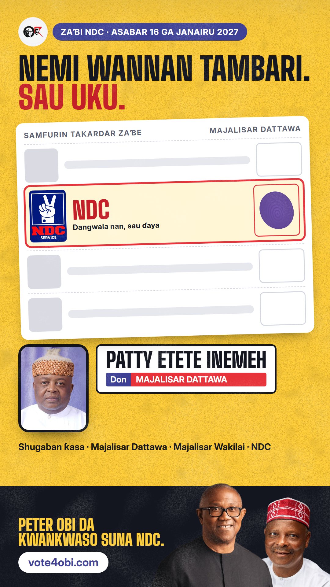 Hoton WhatsApp status: Patty Etete Inemeh, ɗan takarar NDC na Majalisar Dattawa, Akwa Ibom North West