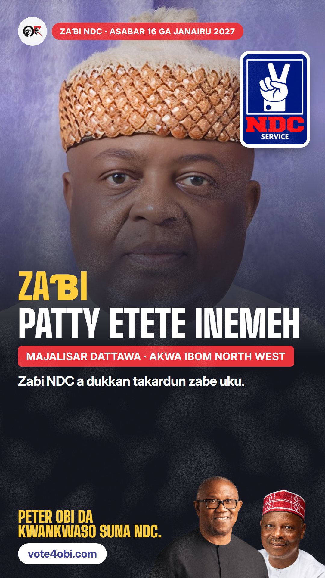 Hoton WhatsApp status: Patty Etete Inemeh, ɗan takarar NDC na Majalisar Dattawa, Akwa Ibom North West