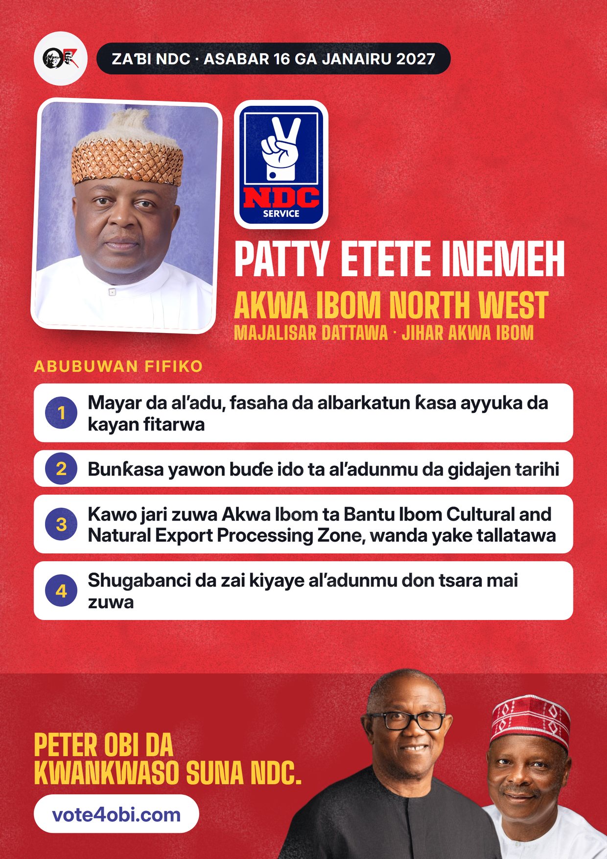 Fasta: Patty Etete Inemeh, ɗan takarar NDC na Majalisar Dattawa, Akwa Ibom North West