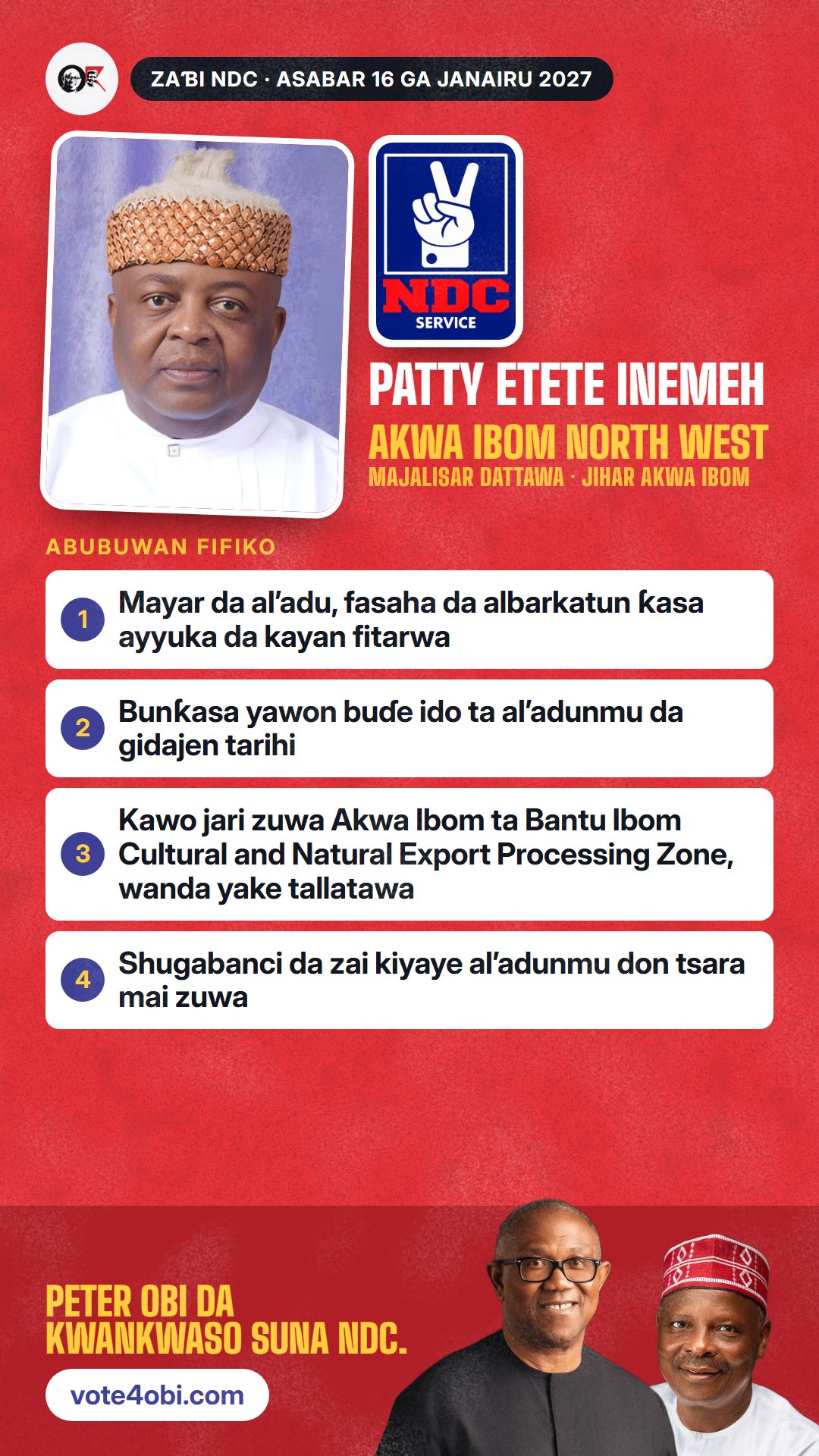 Hoton WhatsApp status: Patty Etete Inemeh, ɗan takarar NDC na Majalisar Dattawa, Akwa Ibom North West