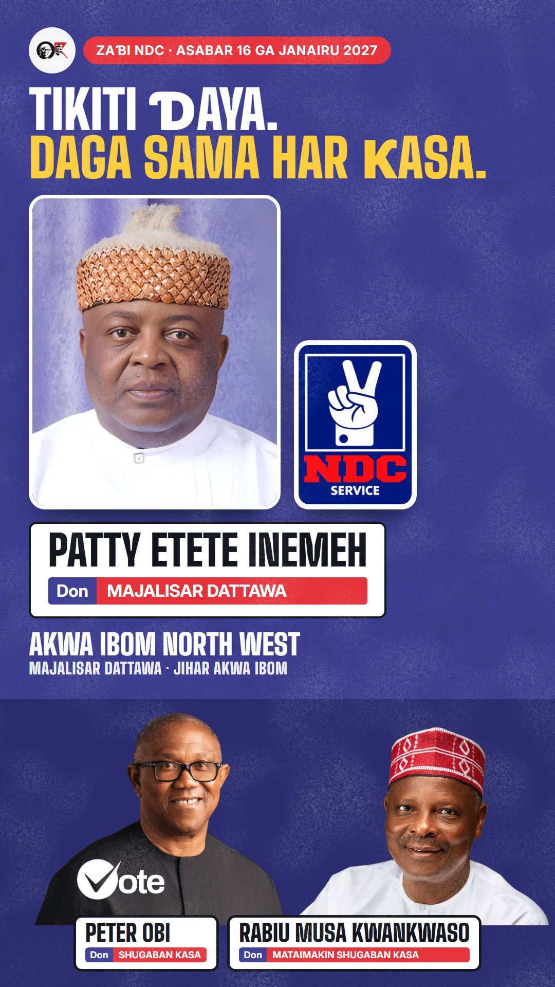 Hoton WhatsApp status: Patty Etete Inemeh, ɗan takarar NDC na Majalisar Dattawa, Akwa Ibom North West