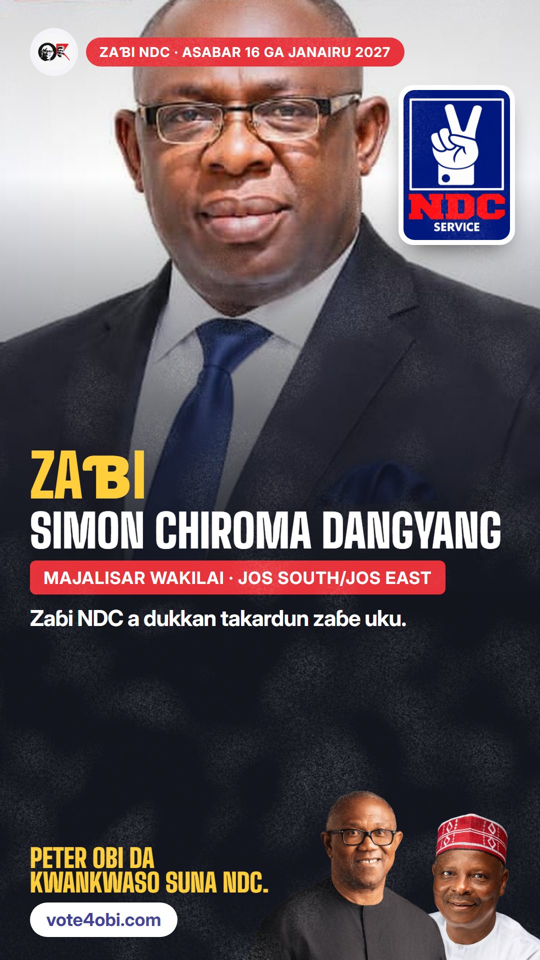 Hoton WhatsApp status: Simon Chiroma Dangyang, ɗan takarar NDC na Majalisar Wakilai, Jos South/Jos East