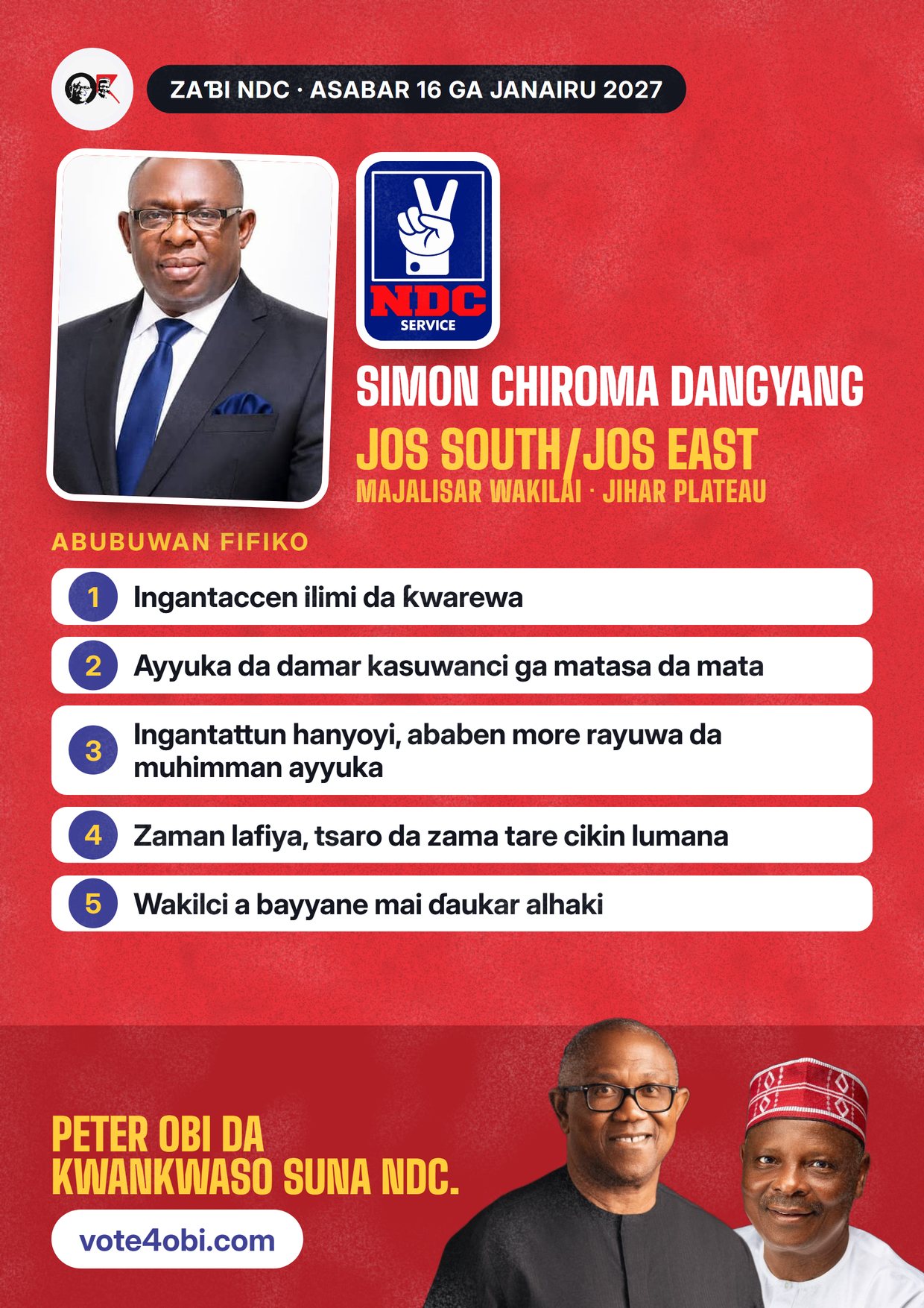 Fasta: Simon Chiroma Dangyang, ɗan takarar NDC na Majalisar Wakilai, Jos South/Jos East