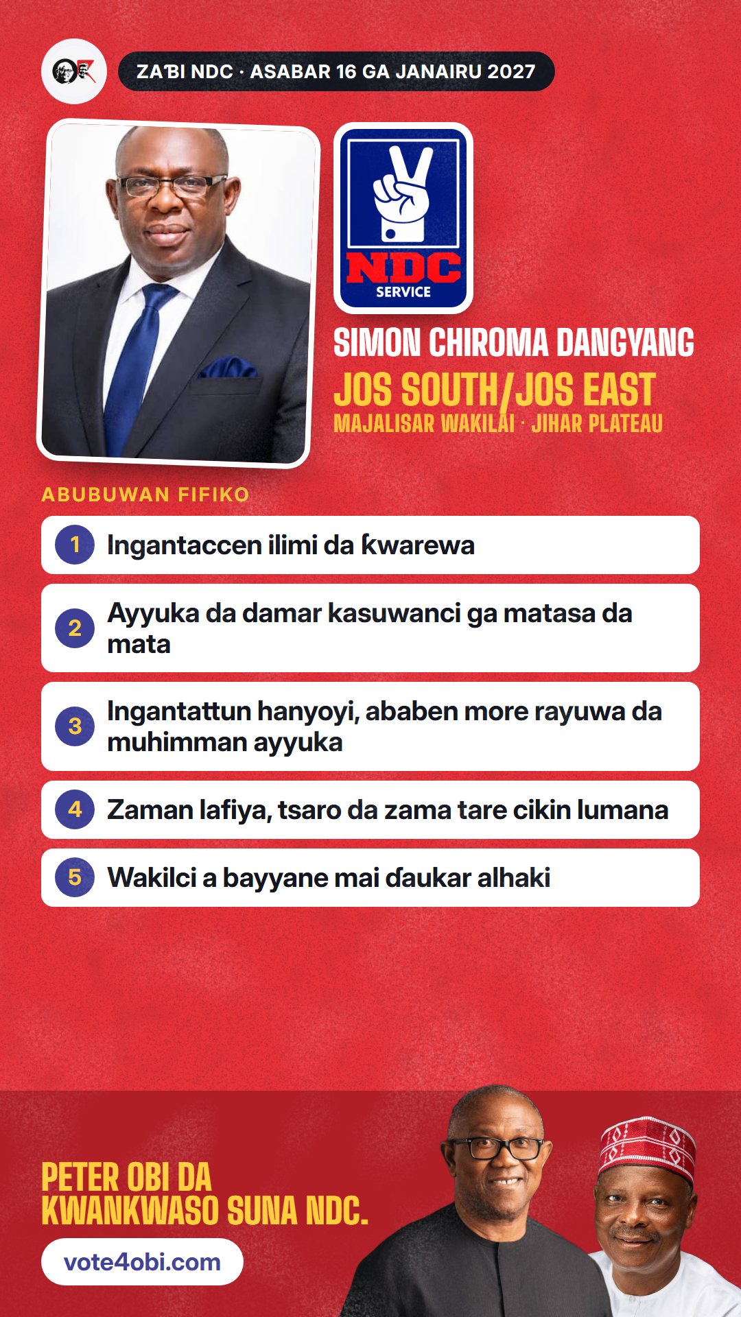 Hoton WhatsApp status: Simon Chiroma Dangyang, ɗan takarar NDC na Majalisar Wakilai, Jos South/Jos East