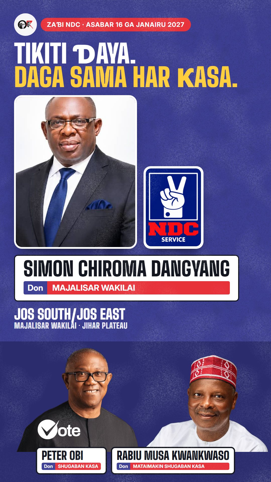 Hoton WhatsApp status: Simon Chiroma Dangyang, ɗan takarar NDC na Majalisar Wakilai, Jos South/Jos East