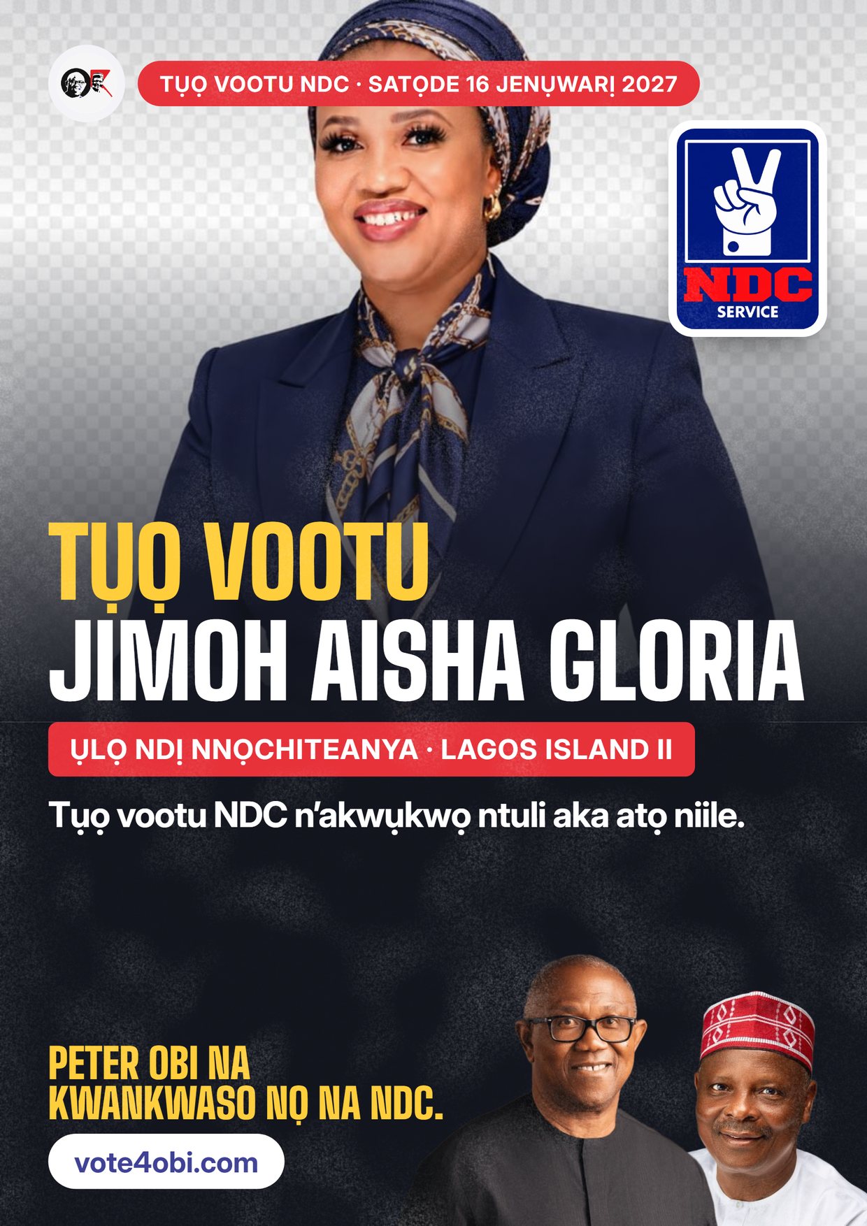 Mpempe akwụkwọ mgbasa ozi: Jimoh Aisha Gloria, onye NDC na-azọ maka Ụlọ Ndị Nnọchiteanya, Lagos Island II