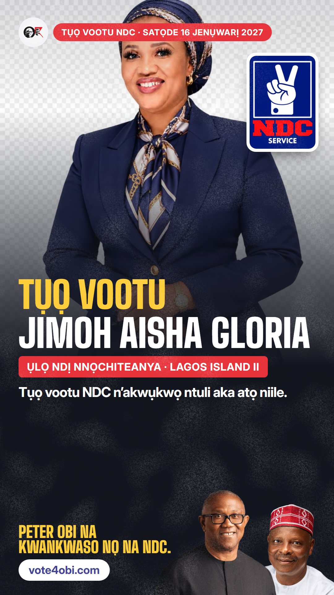 Foto WhatsApp status: Jimoh Aisha Gloria, onye NDC na-azọ maka Ụlọ Ndị Nnọchiteanya, Lagos Island II