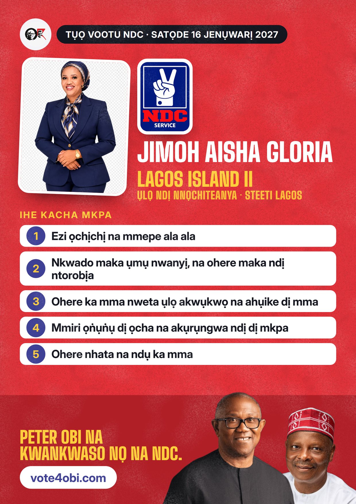 Mpempe akwụkwọ mgbasa ozi: Jimoh Aisha Gloria, onye NDC na-azọ maka Ụlọ Ndị Nnọchiteanya, Lagos Island II