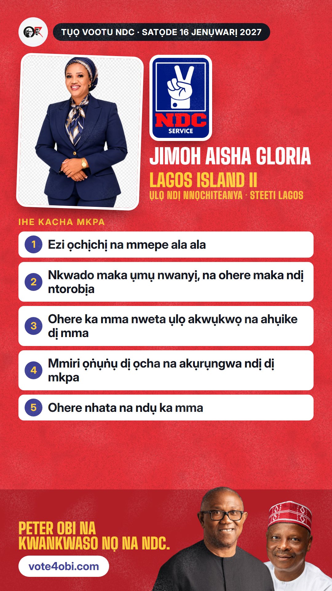Foto WhatsApp status: Jimoh Aisha Gloria, onye NDC na-azọ maka Ụlọ Ndị Nnọchiteanya, Lagos Island II