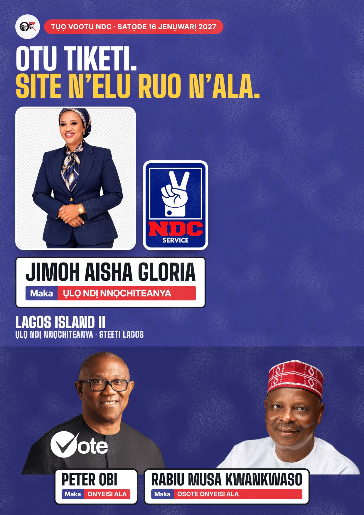 Mpempe akwụkwọ mgbasa ozi: Jimoh Aisha Gloria, onye NDC na-azọ maka Ụlọ Ndị Nnọchiteanya, Lagos Island II