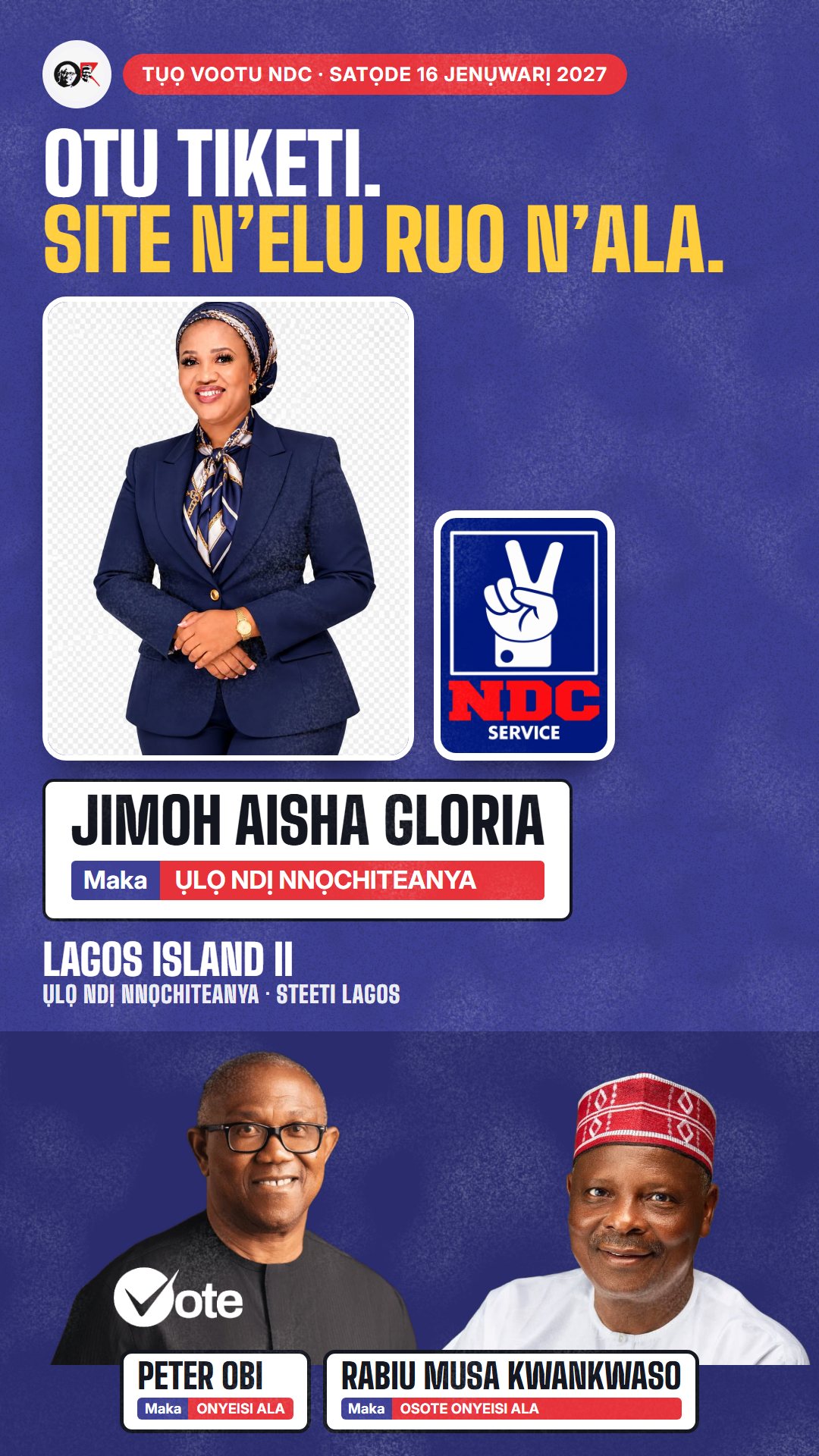 Foto WhatsApp status: Jimoh Aisha Gloria, onye NDC na-azọ maka Ụlọ Ndị Nnọchiteanya, Lagos Island II