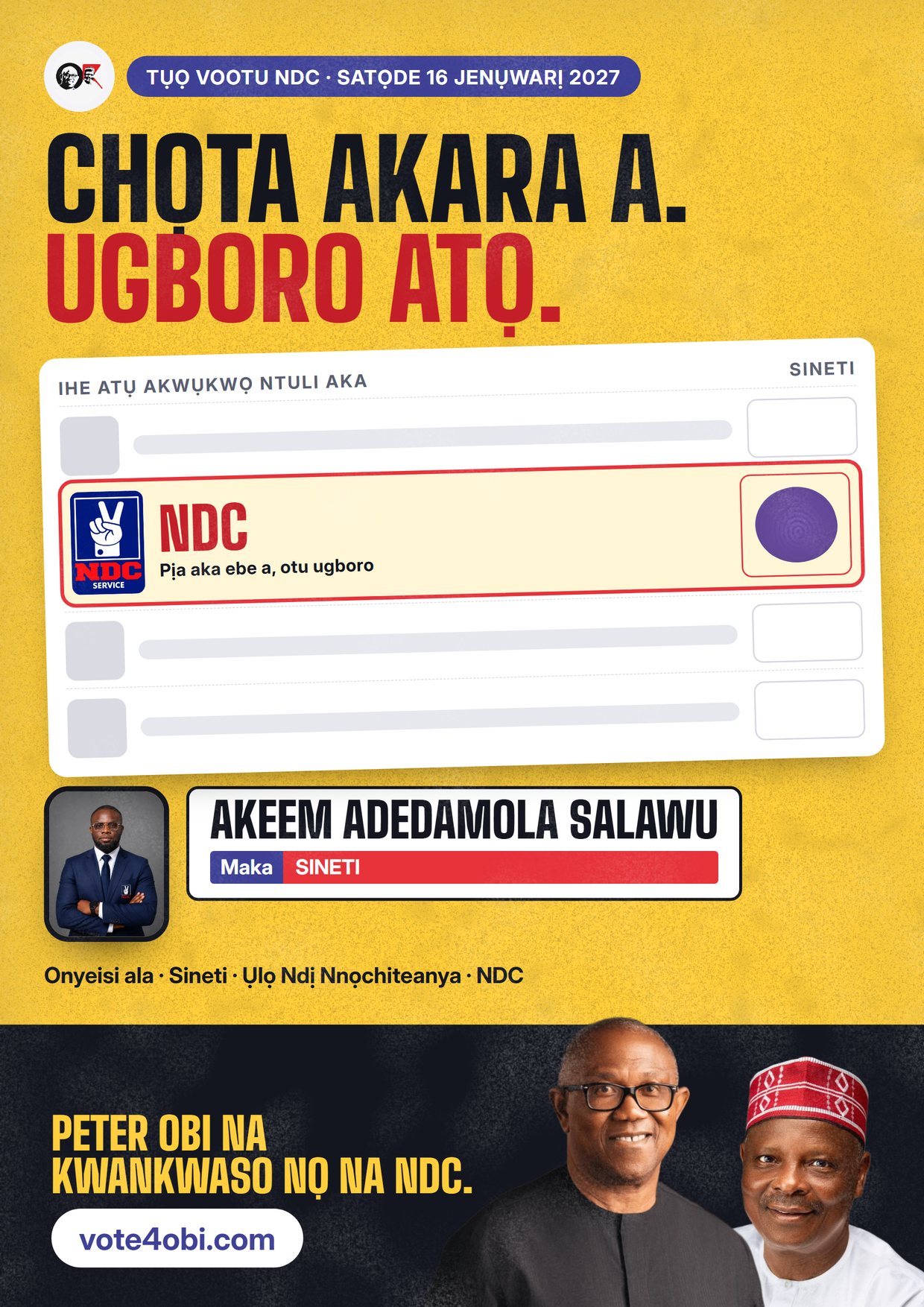 Mpempe akwụkwọ mgbasa ozi: Akeem Adedamola Salawu, onye NDC na-azọ maka Sineti, Oyo Central