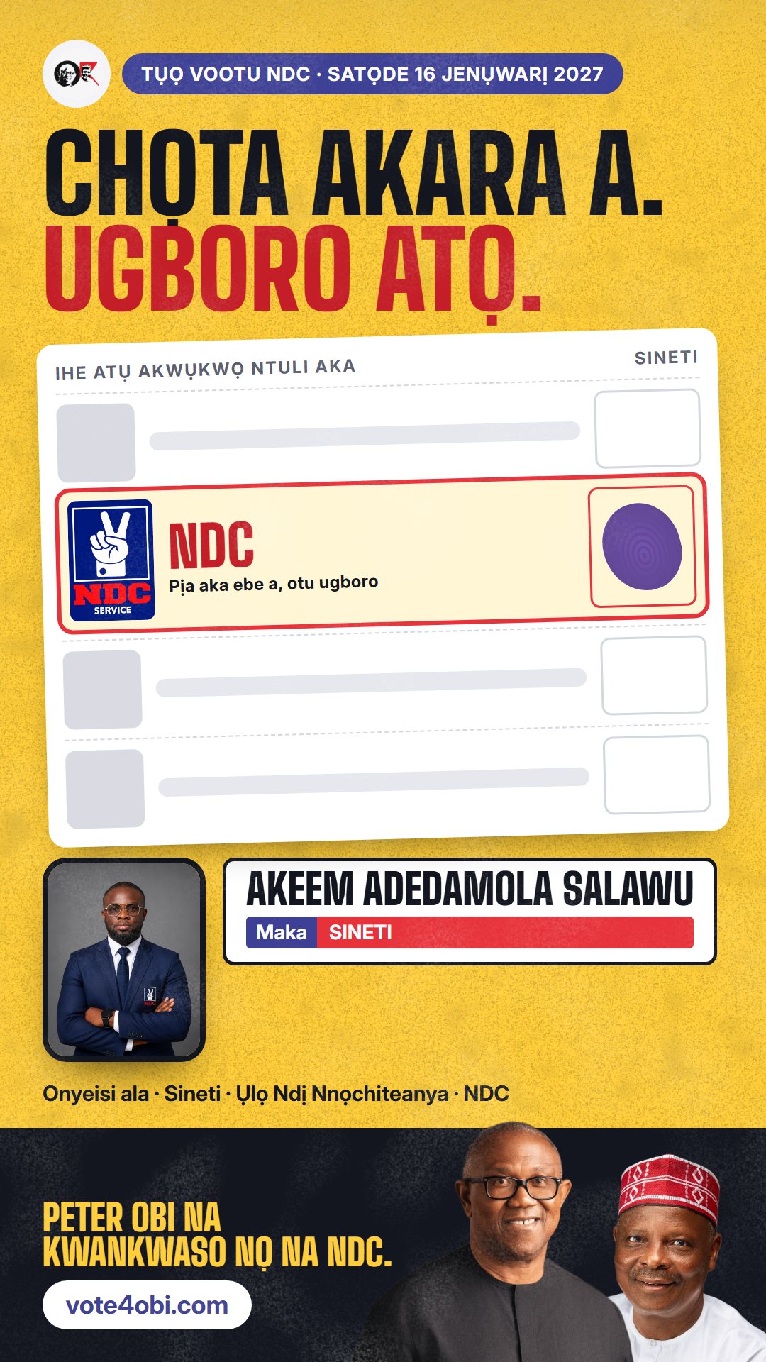 Foto WhatsApp status: Akeem Adedamola Salawu, onye NDC na-azọ maka Sineti, Oyo Central