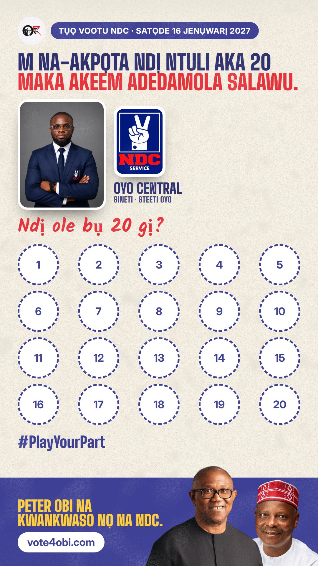 Foto WhatsApp status: Akeem Adedamola Salawu, onye NDC na-azọ maka Sineti, Oyo Central