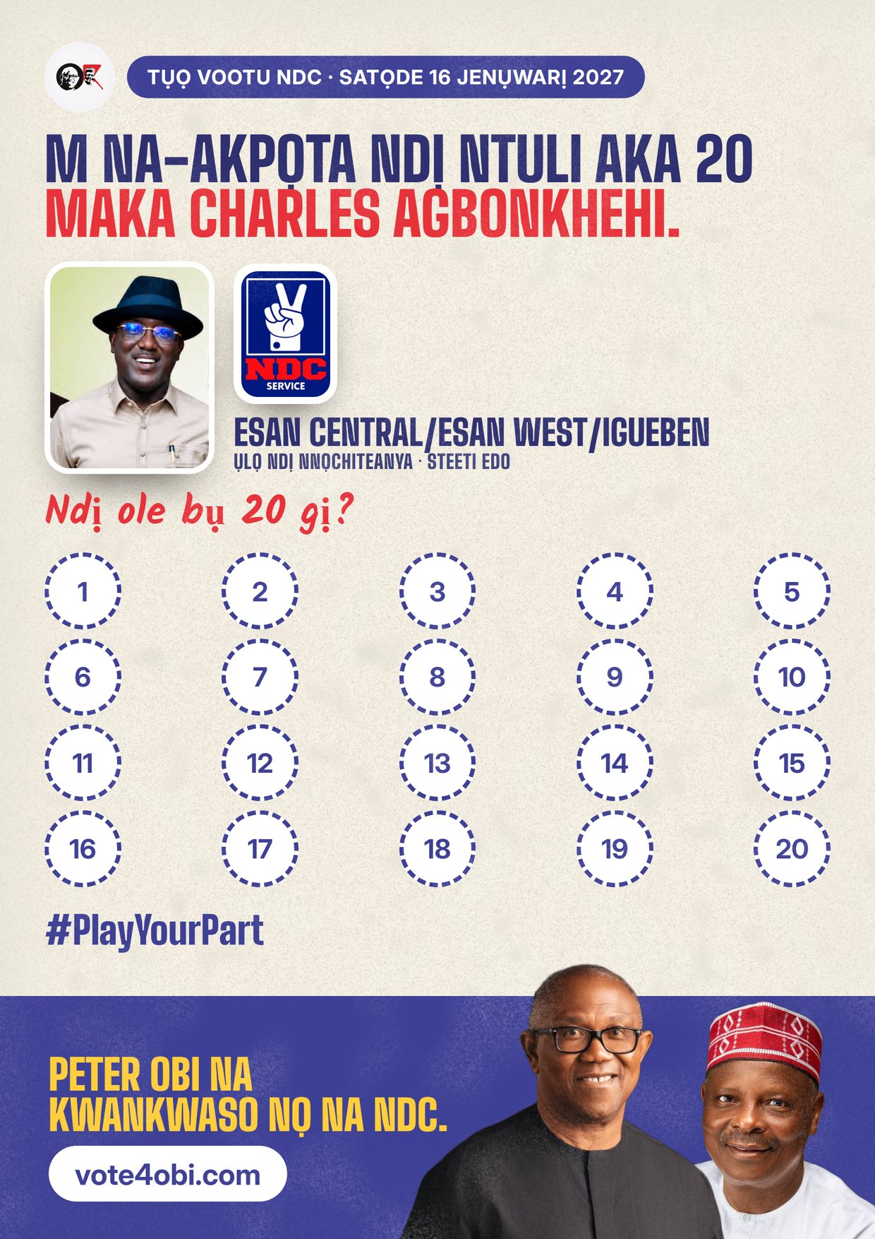 Mpempe akwụkwọ mgbasa ozi: Charles Agbonkhehi, onye NDC na-azọ maka Ụlọ Ndị Nnọchiteanya, Esan Central/Esan West/Igueben