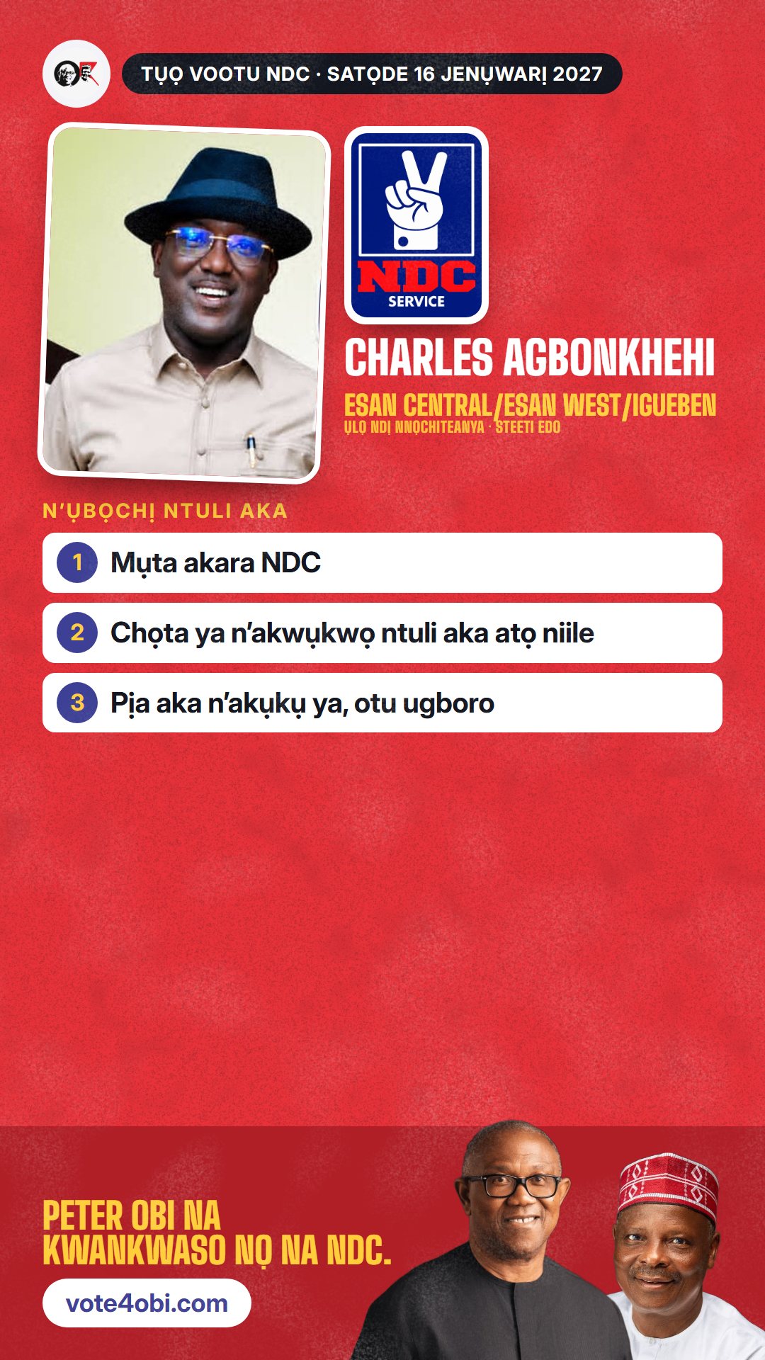 Foto WhatsApp status: Charles Agbonkhehi, onye NDC na-azọ maka Ụlọ Ndị Nnọchiteanya, Esan Central/Esan West/Igueben