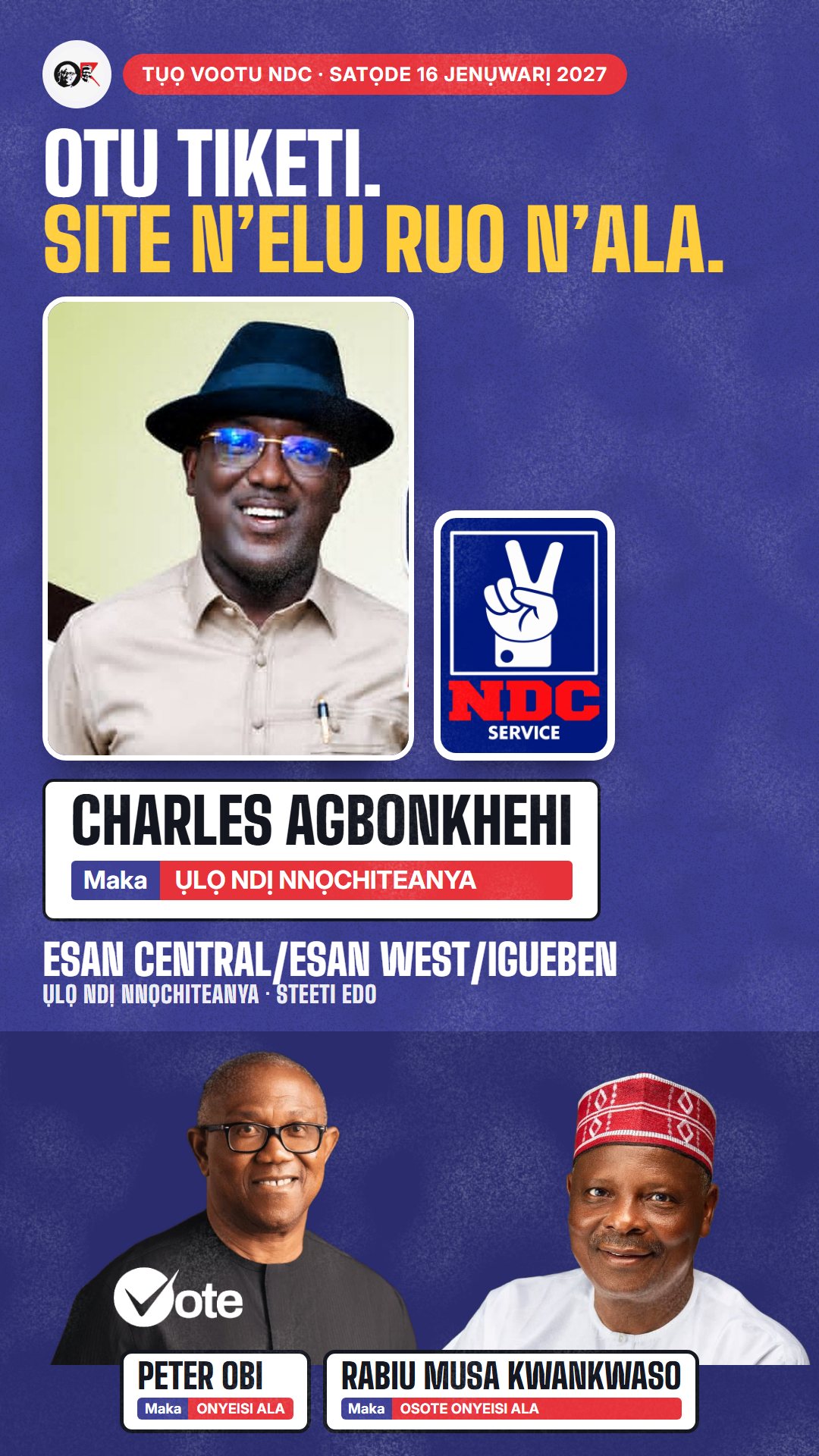 Foto WhatsApp status: Charles Agbonkhehi, onye NDC na-azọ maka Ụlọ Ndị Nnọchiteanya, Esan Central/Esan West/Igueben