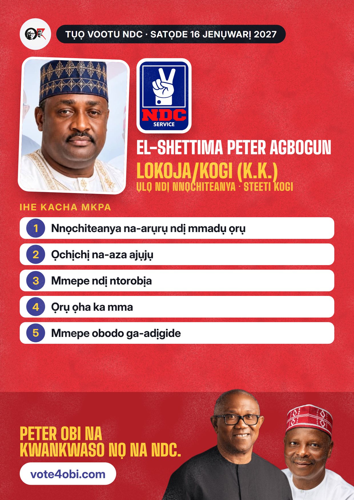 Mpempe akwụkwọ mgbasa ozi: El-Shettima Peter Agbogun, onye NDC na-azọ maka Ụlọ Ndị Nnọchiteanya, Lokoja/Kogi (K.K.)