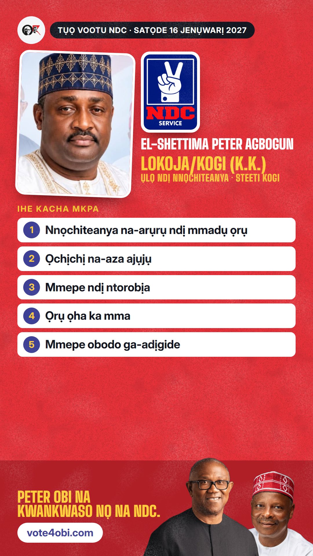 Foto WhatsApp status: El-Shettima Peter Agbogun, onye NDC na-azọ maka Ụlọ Ndị Nnọchiteanya, Lokoja/Kogi (K.K.)