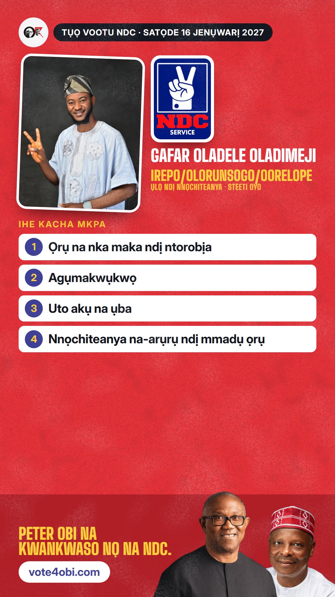 Foto WhatsApp status: Gafar Oladele Oladimeji, onye NDC na-azọ maka Ụlọ Ndị Nnọchiteanya, Irepo/Olorunsogo/Oorelope