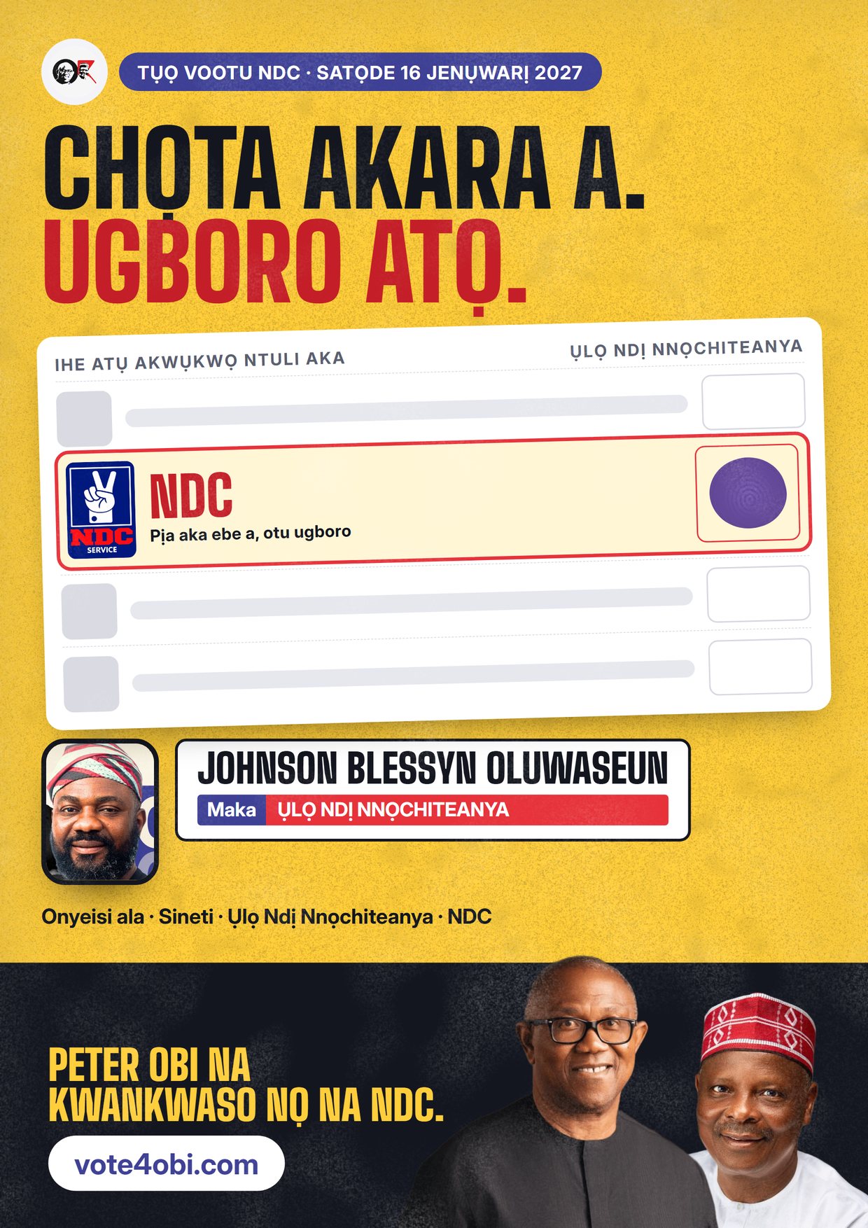 Mpempe akwụkwọ mgbasa ozi: Johnson Blessyn Oluwaseun, onye NDC na-azọ maka Ụlọ Ndị Nnọchiteanya, Ikorodu