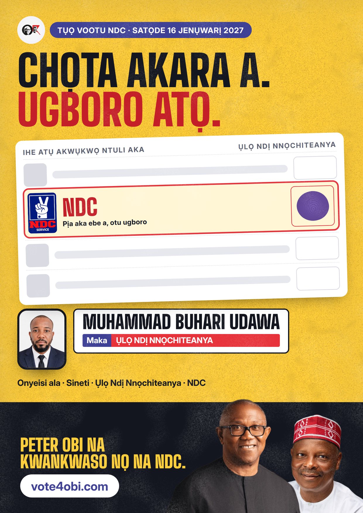 Mpempe akwụkwọ mgbasa ozi: Muhammad Buhari Udawa, onye NDC na-azọ maka Ụlọ Ndị Nnọchiteanya, Chikun/Kajuru