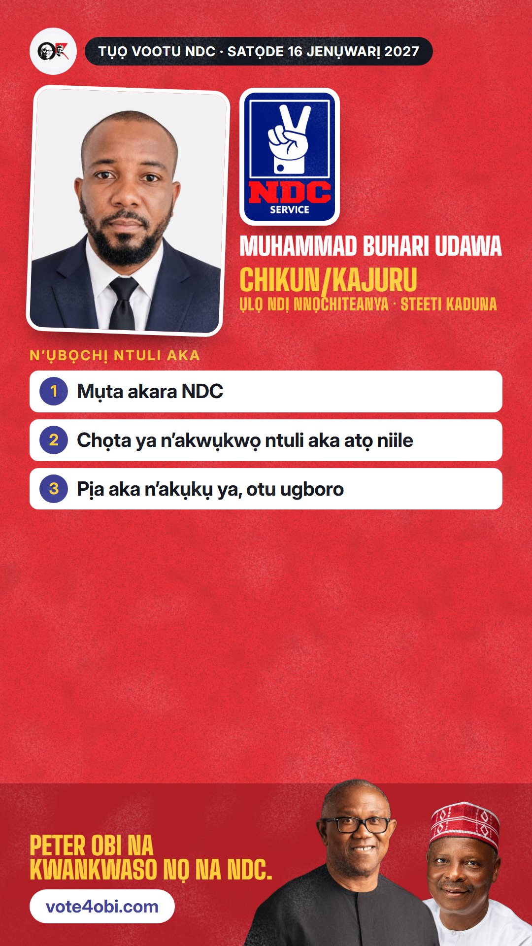 Foto WhatsApp status: Muhammad Buhari Udawa, onye NDC na-azọ maka Ụlọ Ndị Nnọchiteanya, Chikun/Kajuru
