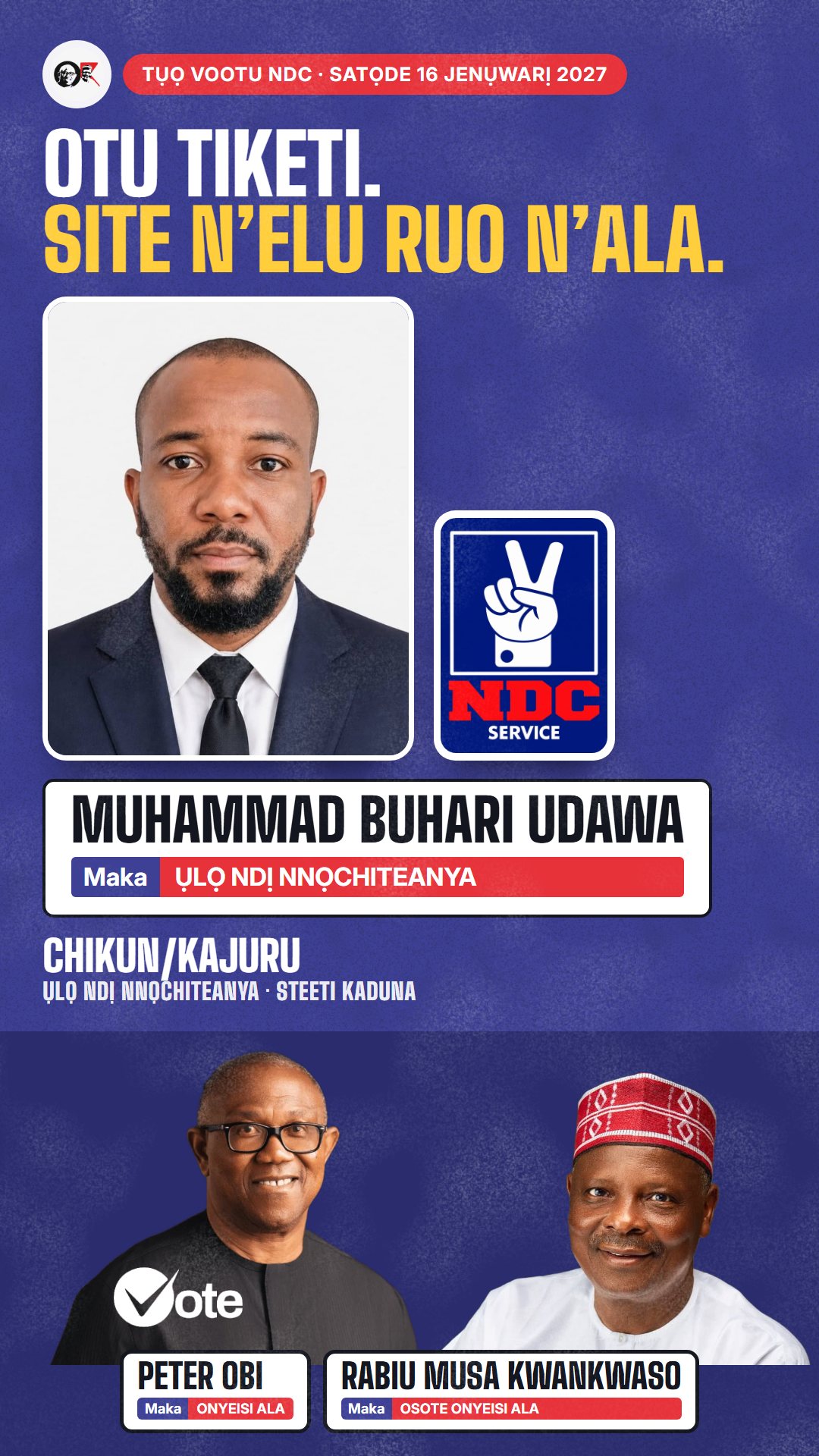 Foto WhatsApp status: Muhammad Buhari Udawa, onye NDC na-azọ maka Ụlọ Ndị Nnọchiteanya, Chikun/Kajuru